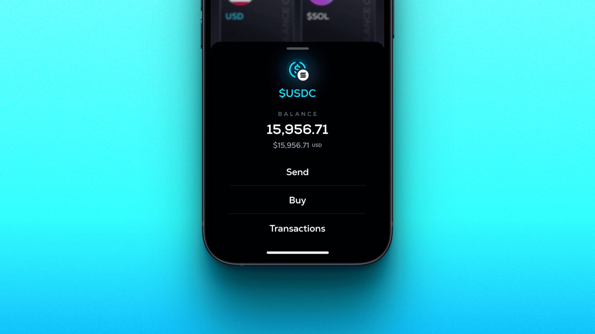Crypto wallet balance and asset management screen in the Calaxy mobile web app, showing USDC balance, send, buy, and transaction actions within a blockchain social platform UX designed by Chadd Weston.