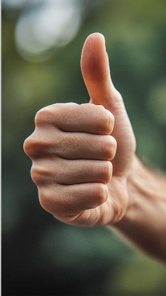 A close-up of a hand giving a thumbs-up sign with a blurred natural background.