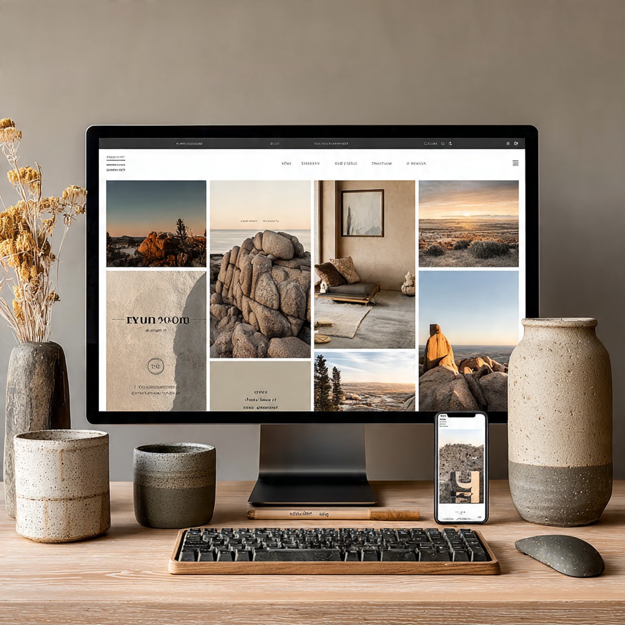 A sleek computer screen displays a nature-themed photo collage. Earth-toned pottery, dried plants, and an elegant keyboard decorate the wooden desk.