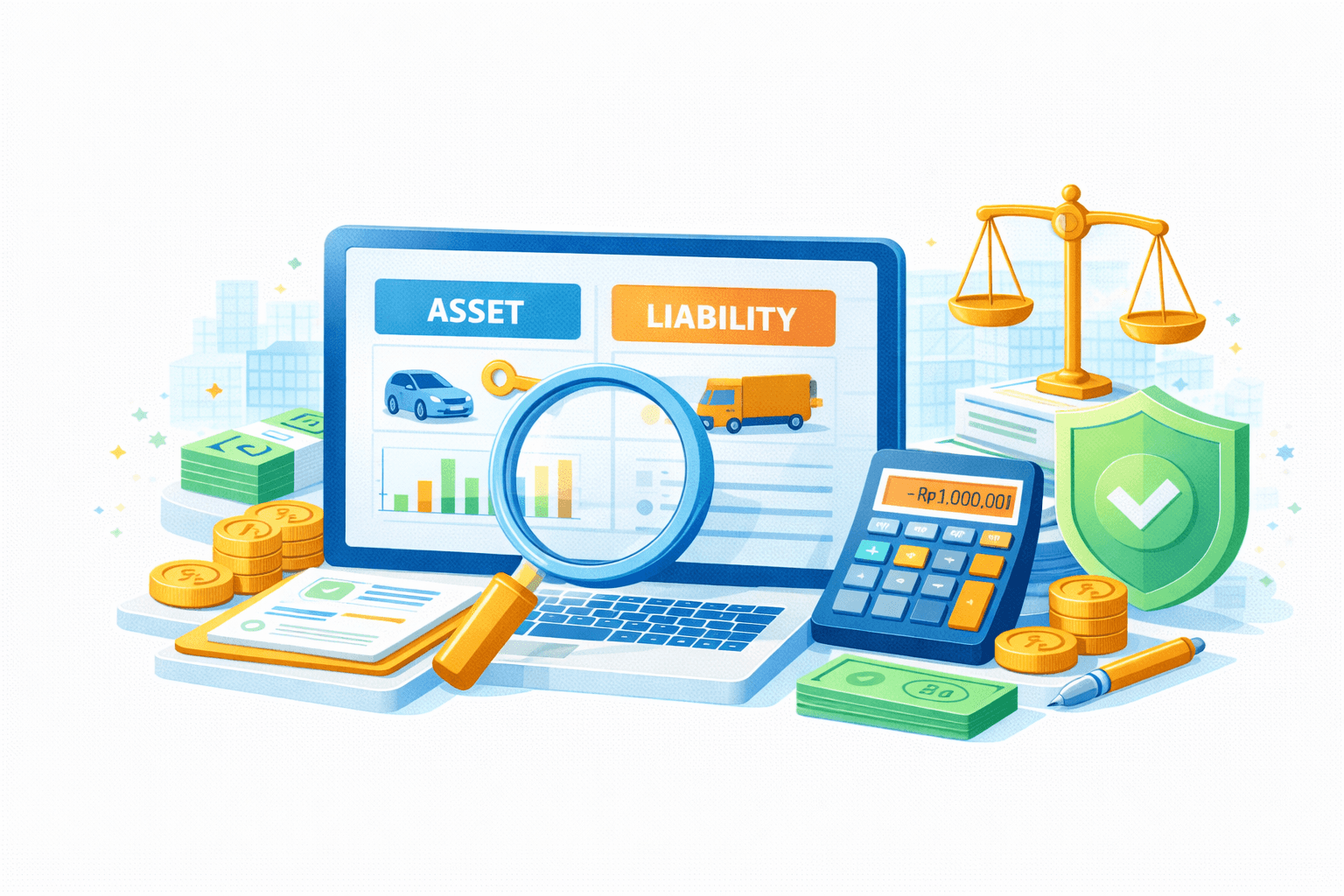 Ilustrasi analisis aset vs liabilitas dan kepatuhan keuangan. Di tengah terdapat laptop menampilkan dashboard dengan dua kolom ASSET dan LIABILITY, berisi ikon aset (mobil, grafik pertumbuhan) dan kewajiban (truk, grafik). Kaca pembesar di depan layar melambangkan proses audit dan penelaahan. Di sisi kanan terlihat kalkulator dengan nilai rupiah, timbangan keadilan, serta perisai hijau bertanda centang yang menandakan kepatuhan dan kontrol internal. Di sekelilingnya terdapat dokumen, pena, uang tunai dan koin, serta tumpukan laporan, menggambarkan evaluasi posisi keuangan, pengukuran dampak moneter, dan validasi aset–liabilitas secara terstruktur dan compliant.