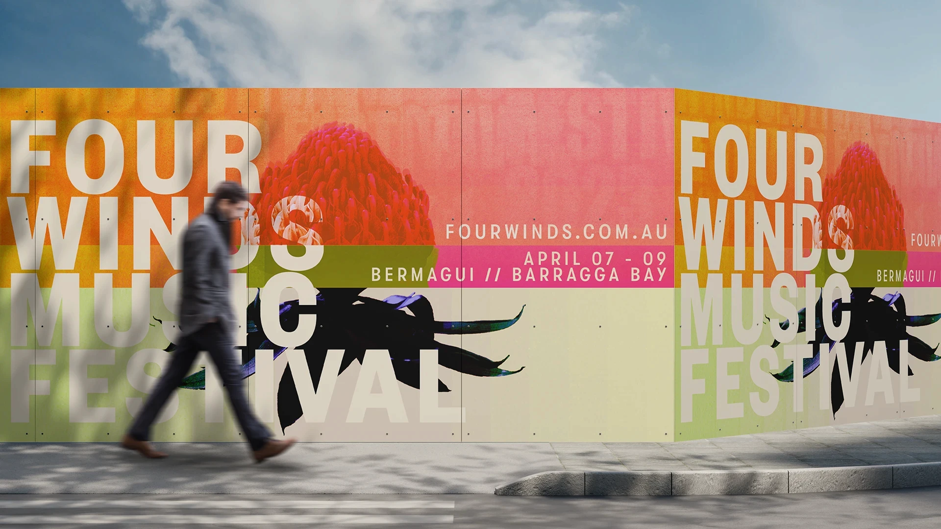 Four Winds festival campaign poster with illustrated hero artwork and brand typography.
