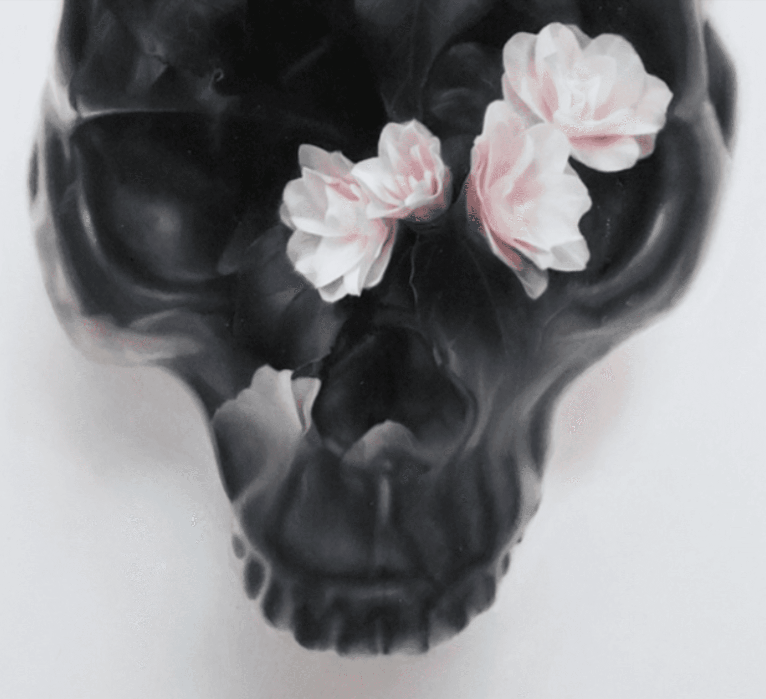 black skull painting overlayed with flowers and roses