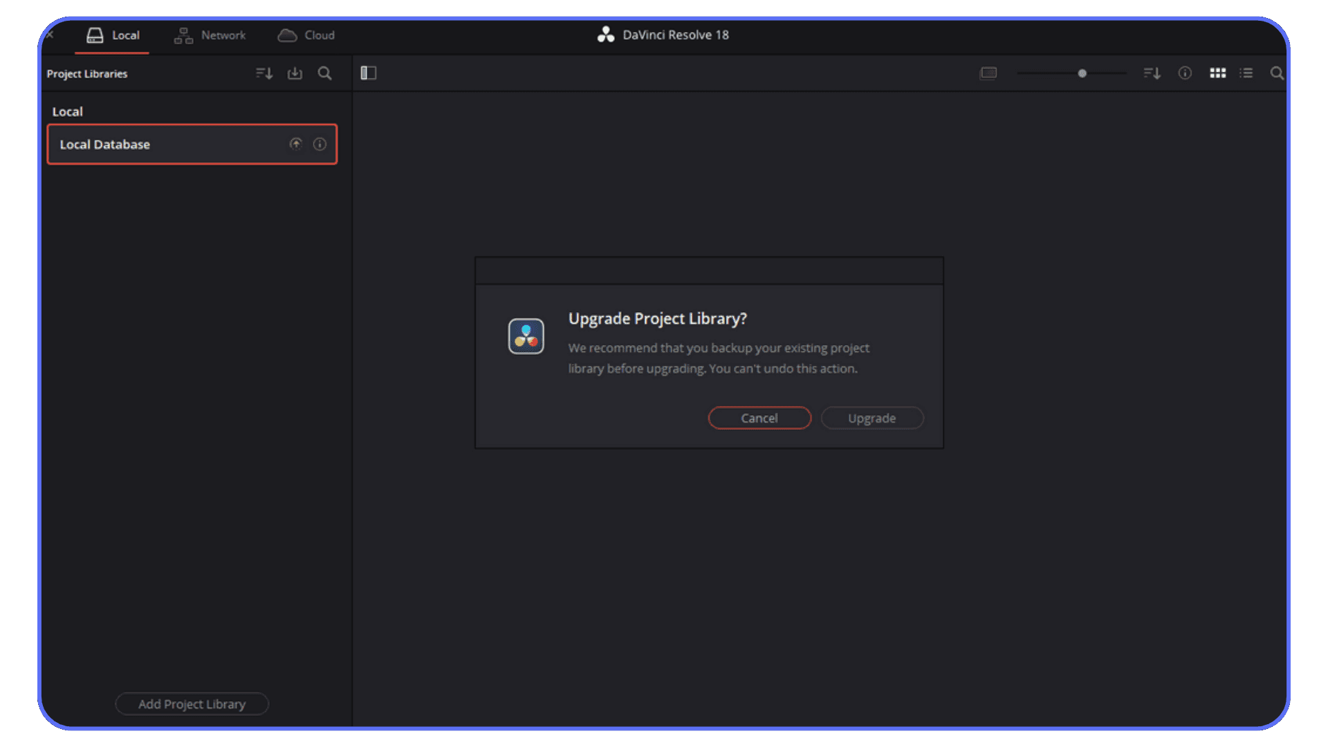 DaVinci Resolve dialog prompting the user to upgrade the project library before continuing.