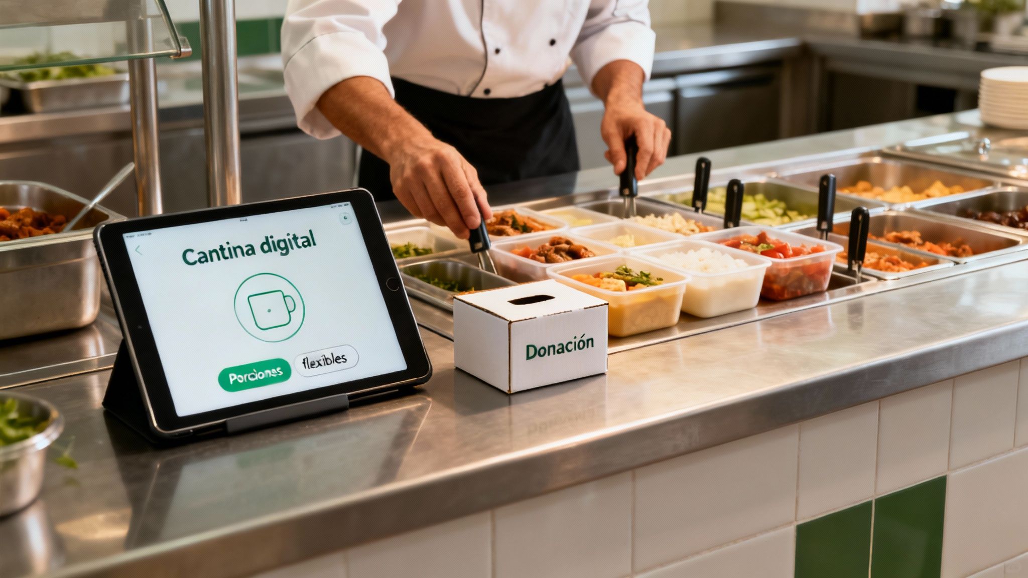 Chef sirve comida en un mostrador de buffet con una tableta mostrando 