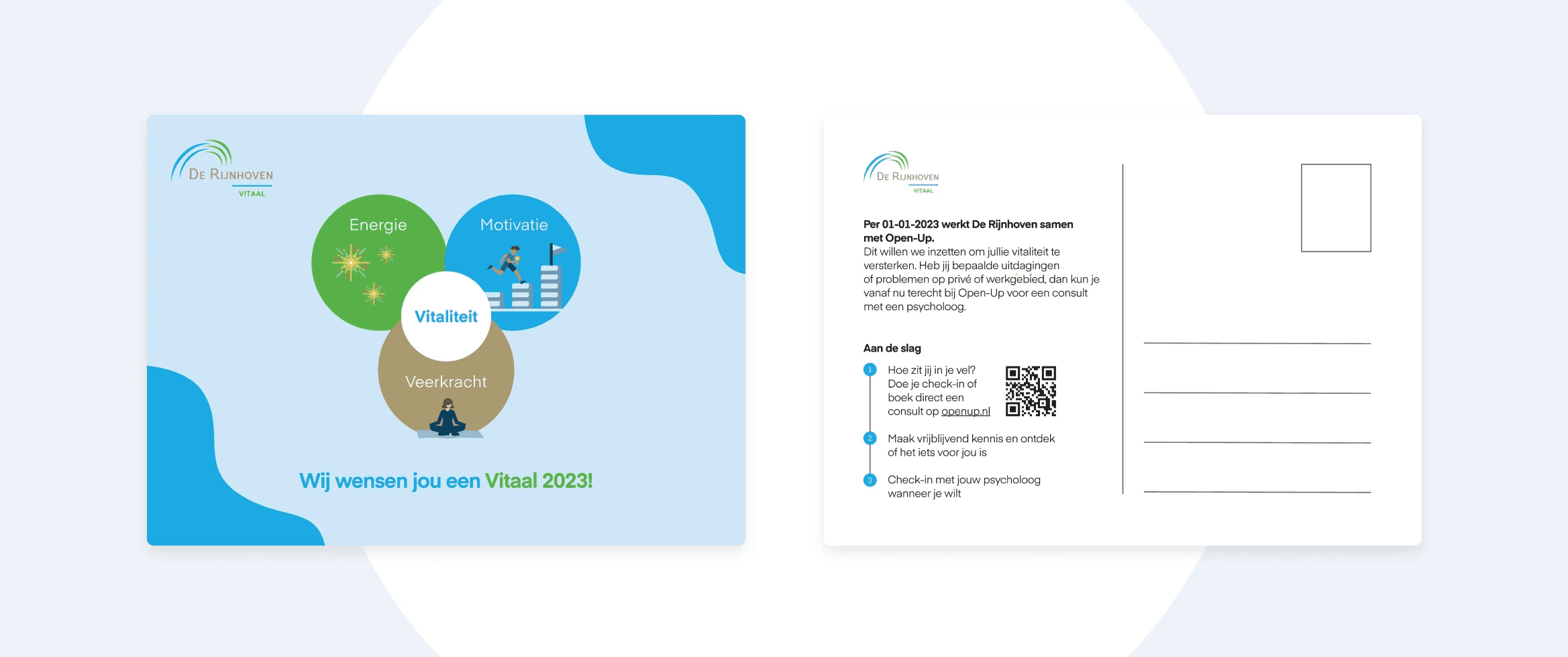 This postcard features a vibrant design with interconnected circles labeled "Energie," "Motivatie," and "Veerkracht," surrounding "Vitaliteit," on the left, with a greeting in Dutch wishing vitality for 2023, and a blank message section on the right.