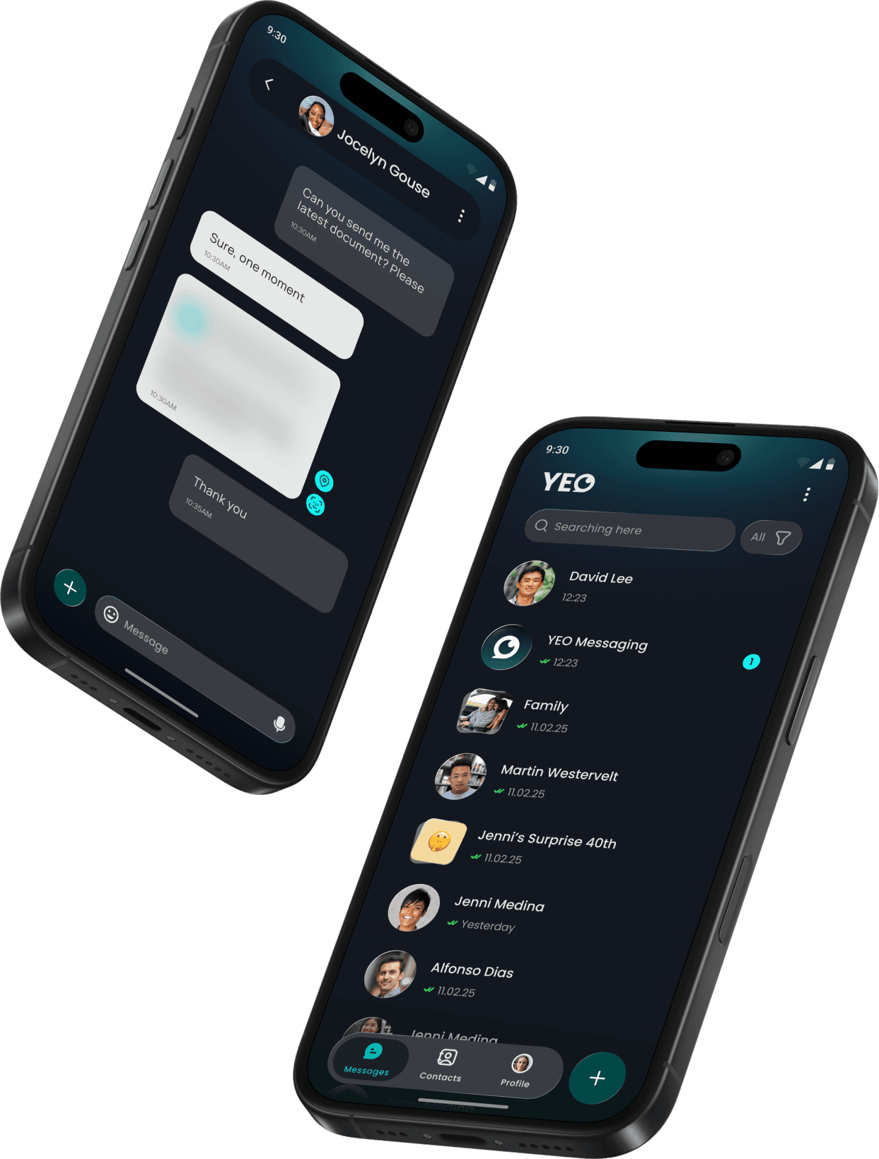 Two smartphones displaying the YEO secure messaging app interface