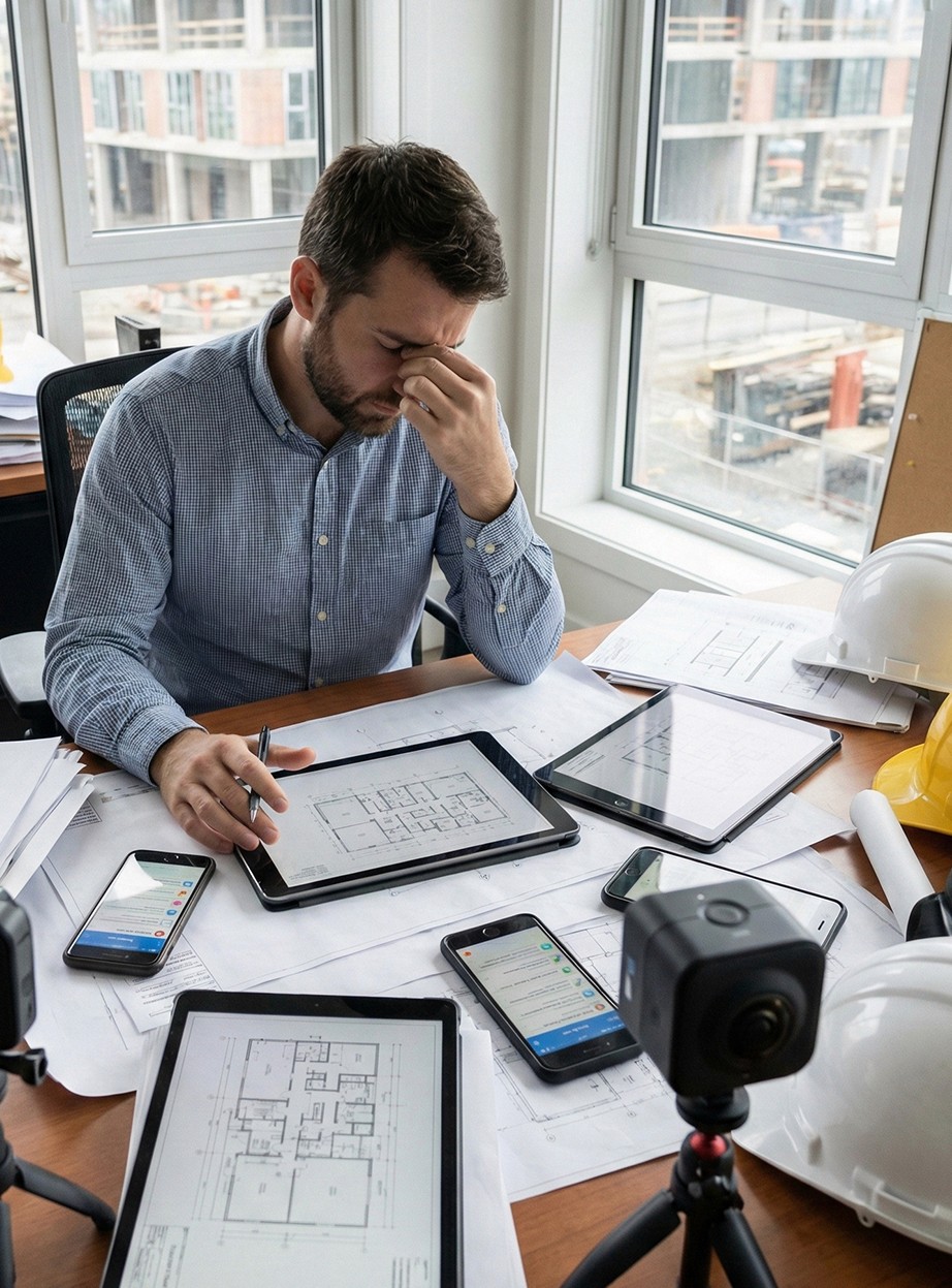 Um homem sentado à mesa de trabalho com expressão de cansaço, segurando o septo nasal com os olhos fechados. À sua frente, estão espalhados diversos dispositivos (tablets e smartphones) com diferentes plantas e informações, além de uma câmera 360° em um tripé. A cena ilustra a sobrecarga e a dificuldade de gerenciar múltiplas fontes de dados dispersas.