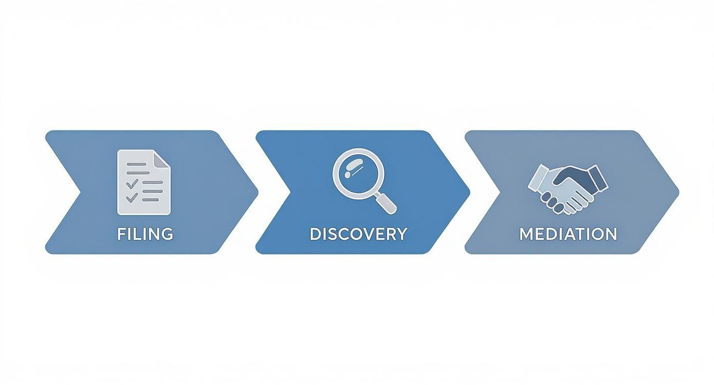 Flowchart illustrating the legal process with three steps: Filing, Discovery, and Mediation.