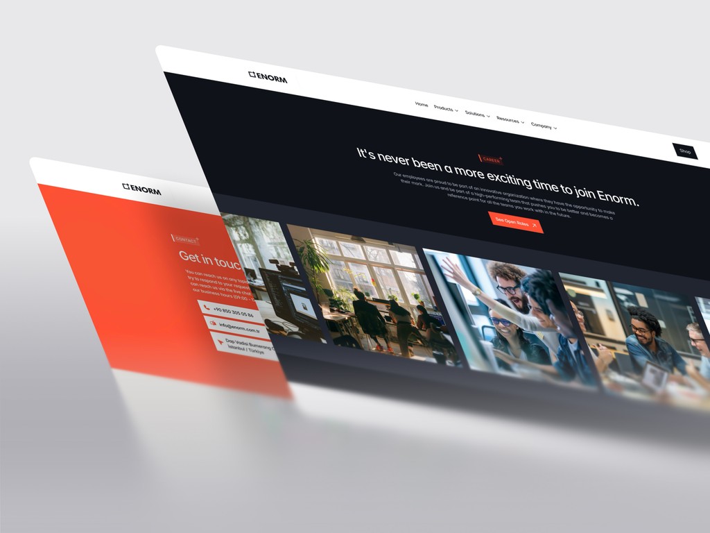 Contact and careers page of Enorm site designed with friendly team visuals and bold call-to-action