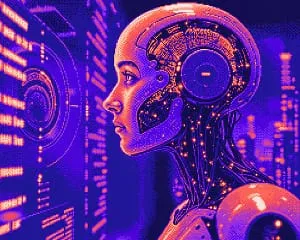 Cybernetic being interacting with digital interface
