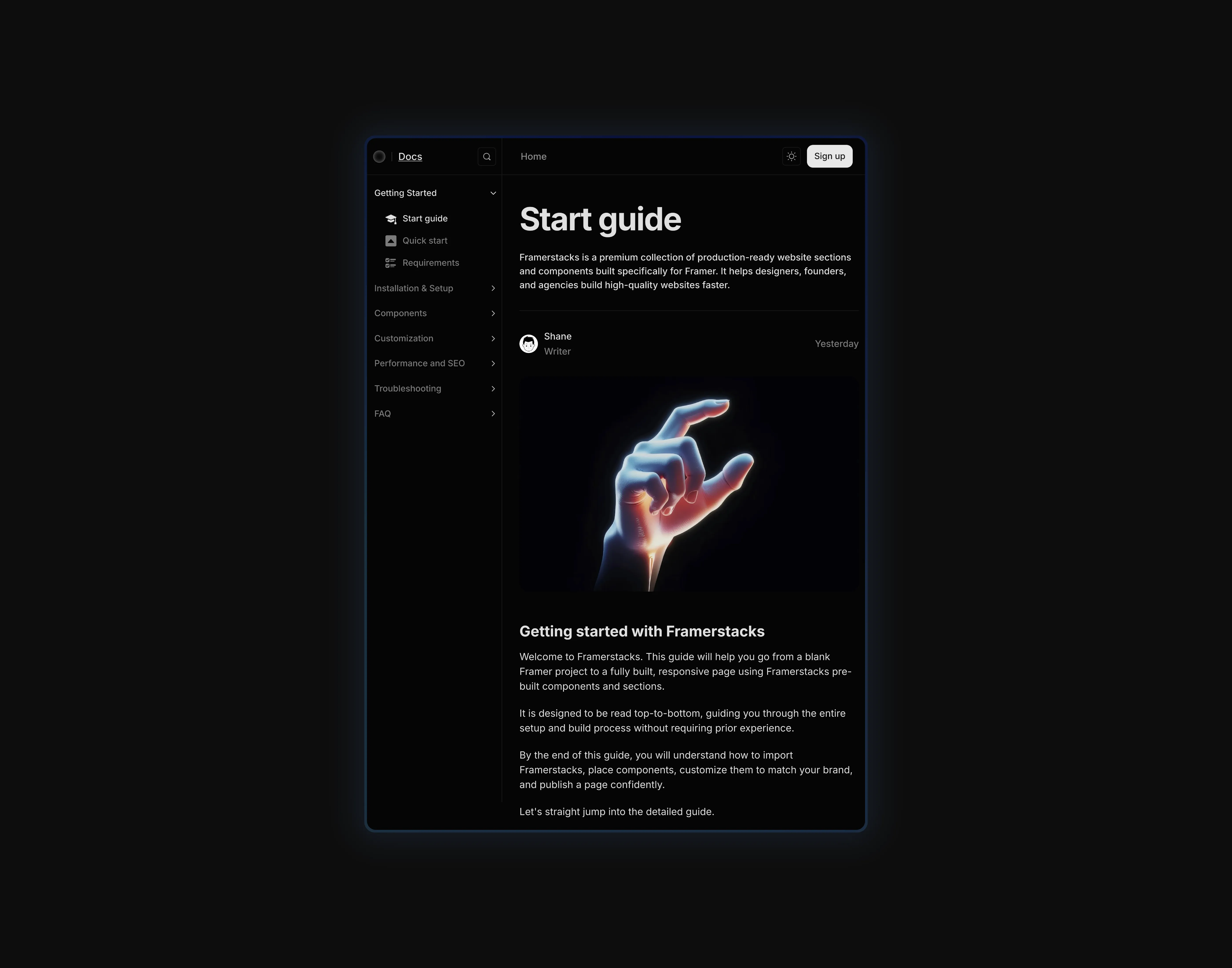 A dark themed cms documentation details page UI, optimized for tablet devices