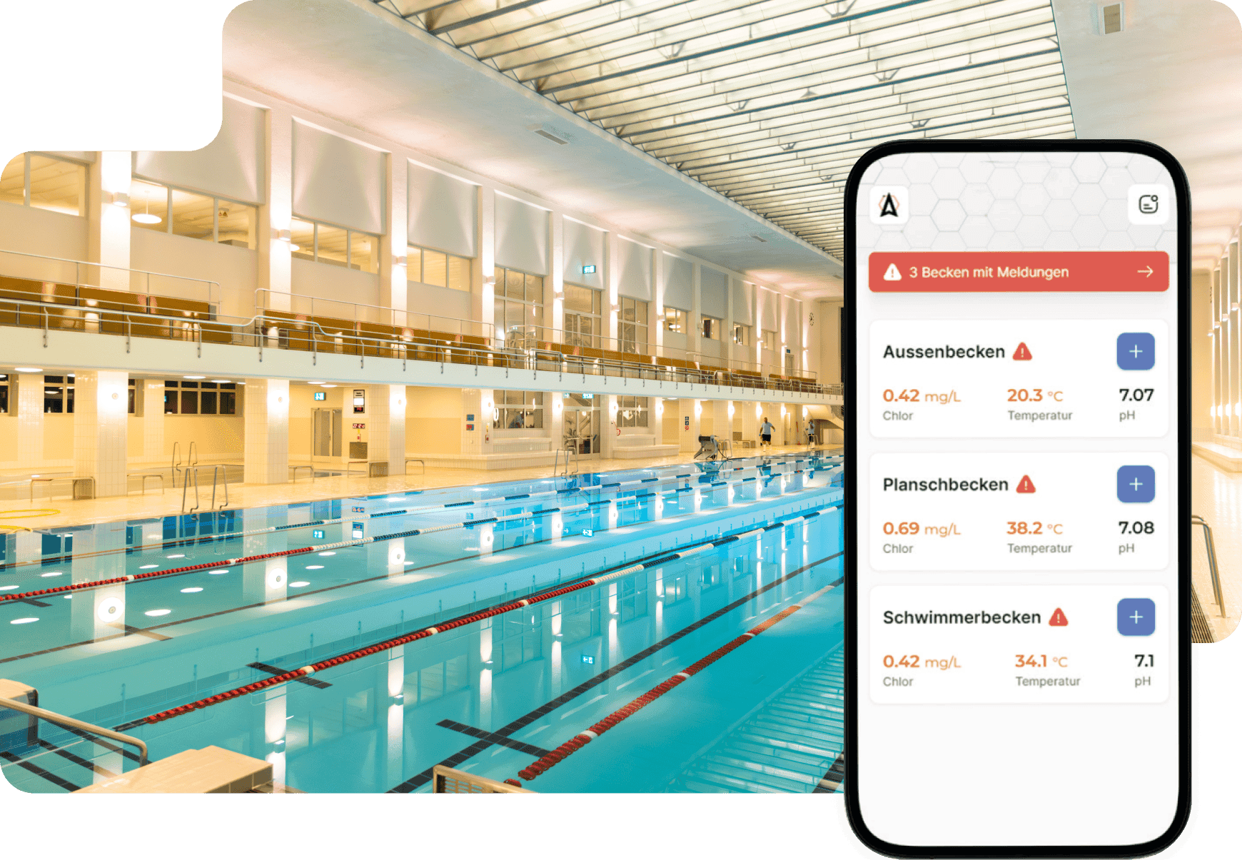 View of a pool and the Argus app displaying water quality metrics