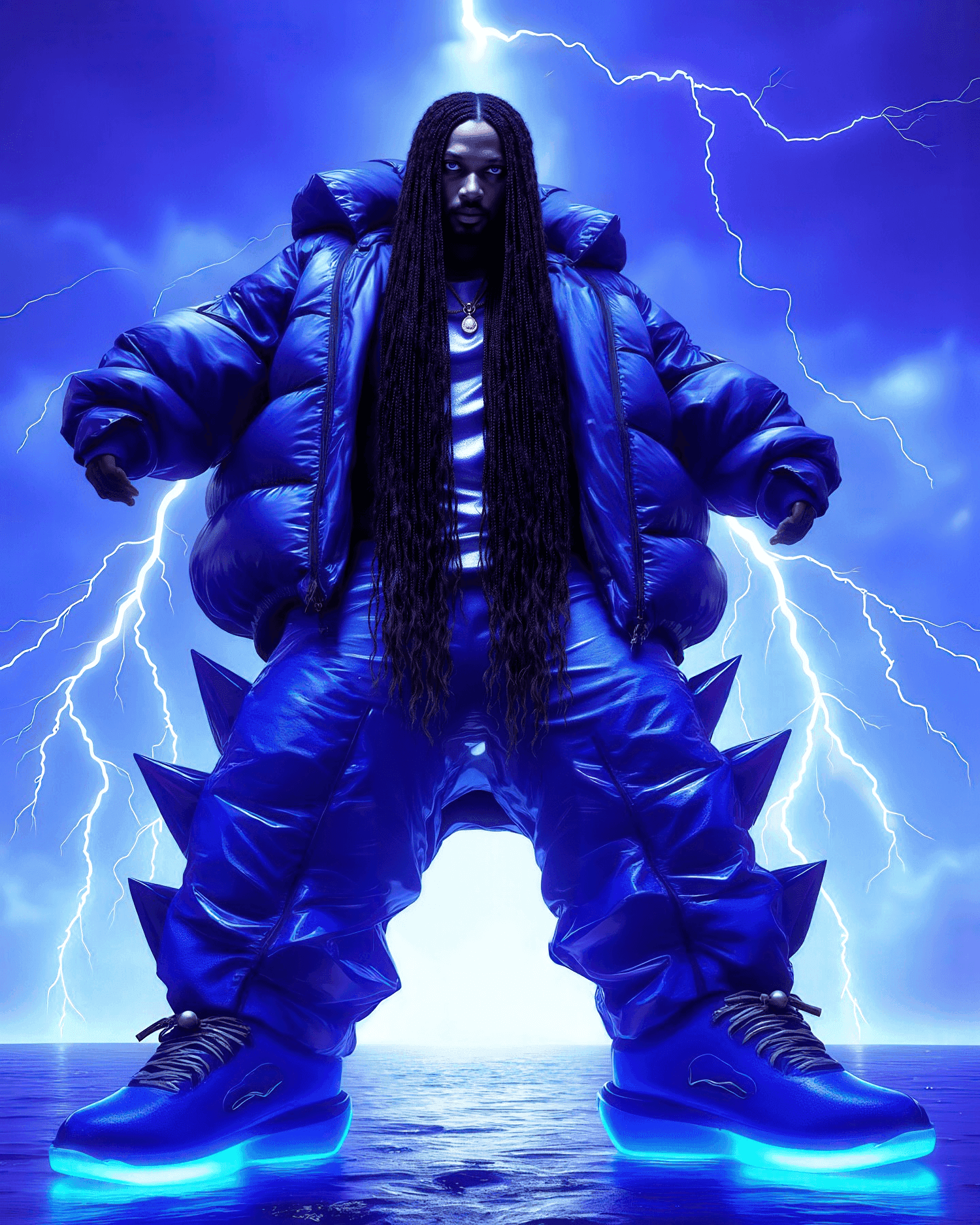 Image of man standing in front of blue sky and lightening