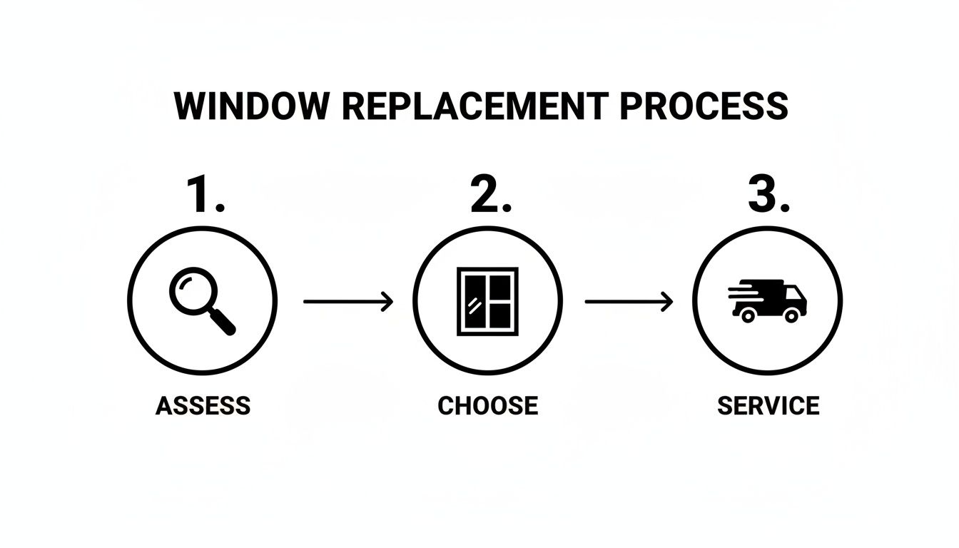 Infographic outlining the three-step window replacement process: assess, choose, and service.