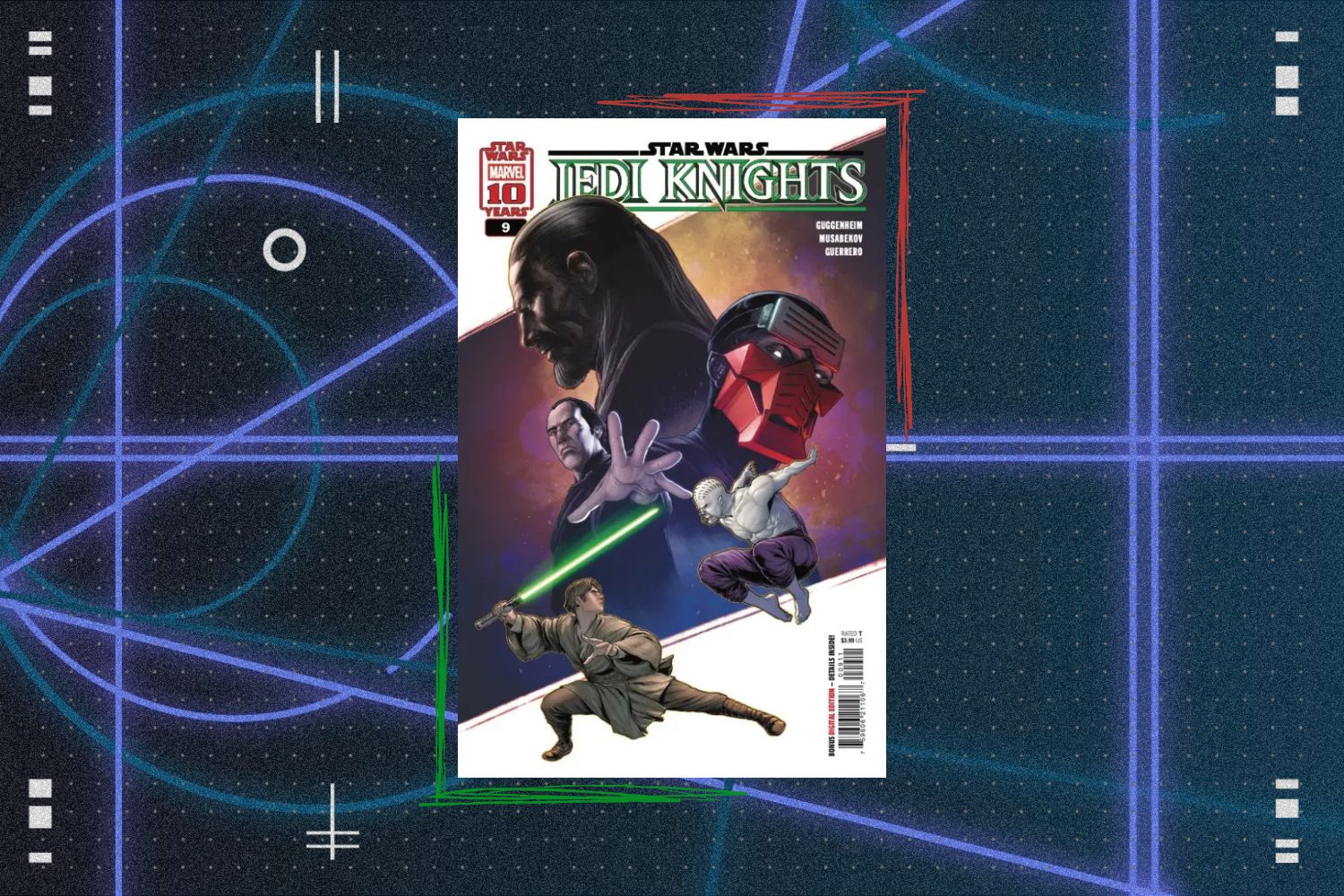 Cover for Star Wars: Jedi Knights #9 featuring Qui-Gon Jinn, Count Dooku, and the assassin Corlis Rath. The cover is in front of a blue geometric background