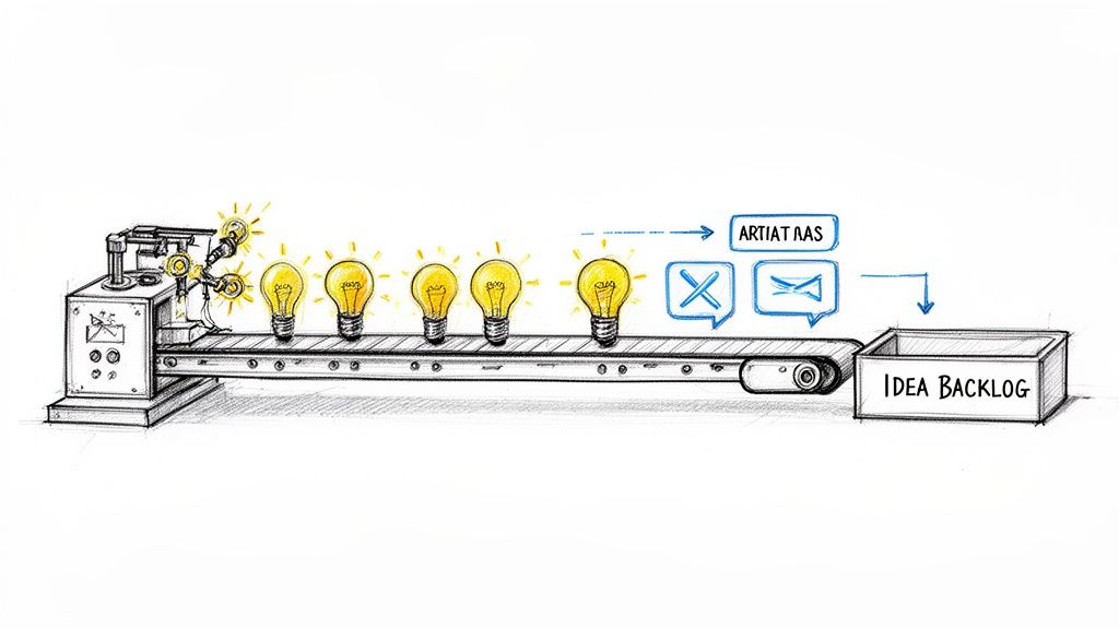 A machine generates glowing lightbulb ideas on a conveyor belt, flowing into an 'Idea Backlog' box.