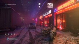 Screenshot Vampire Bloodlines 2 PC – rue enneigée avec néons, moto et mission active dans un quartier nocturne de Seattle sur KeyVerse Gaming