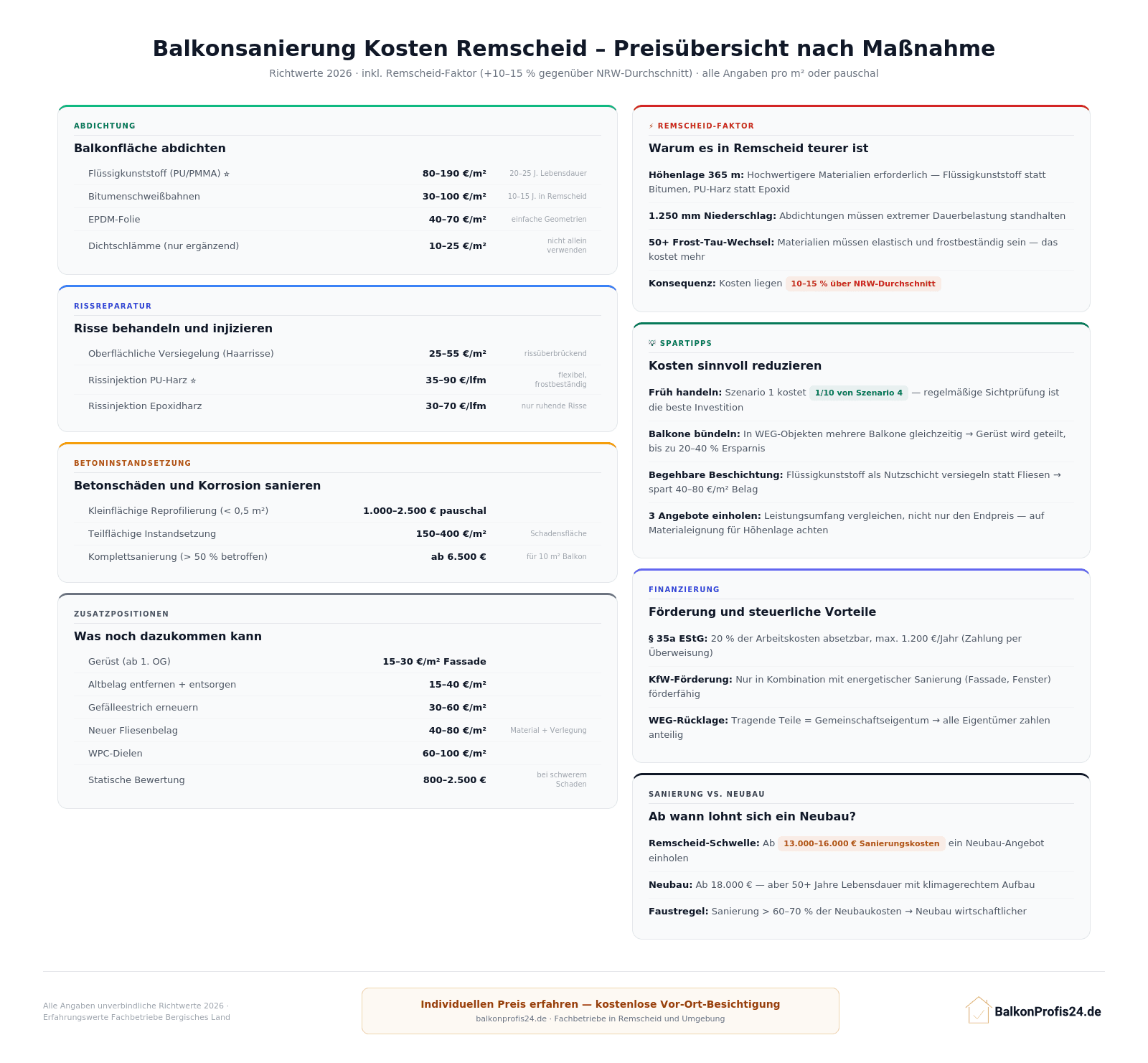 Infografik: Vollständige Preisübersicht für Balkonsanierung in Remscheid – Kosten nach Maßnahme (Abdichtung, Rissreparatur, Betoninstandsetzung, Zusatzpositionen) mit Remscheid-Faktor, Spartipps und Finanzierungsmöglichkeiten