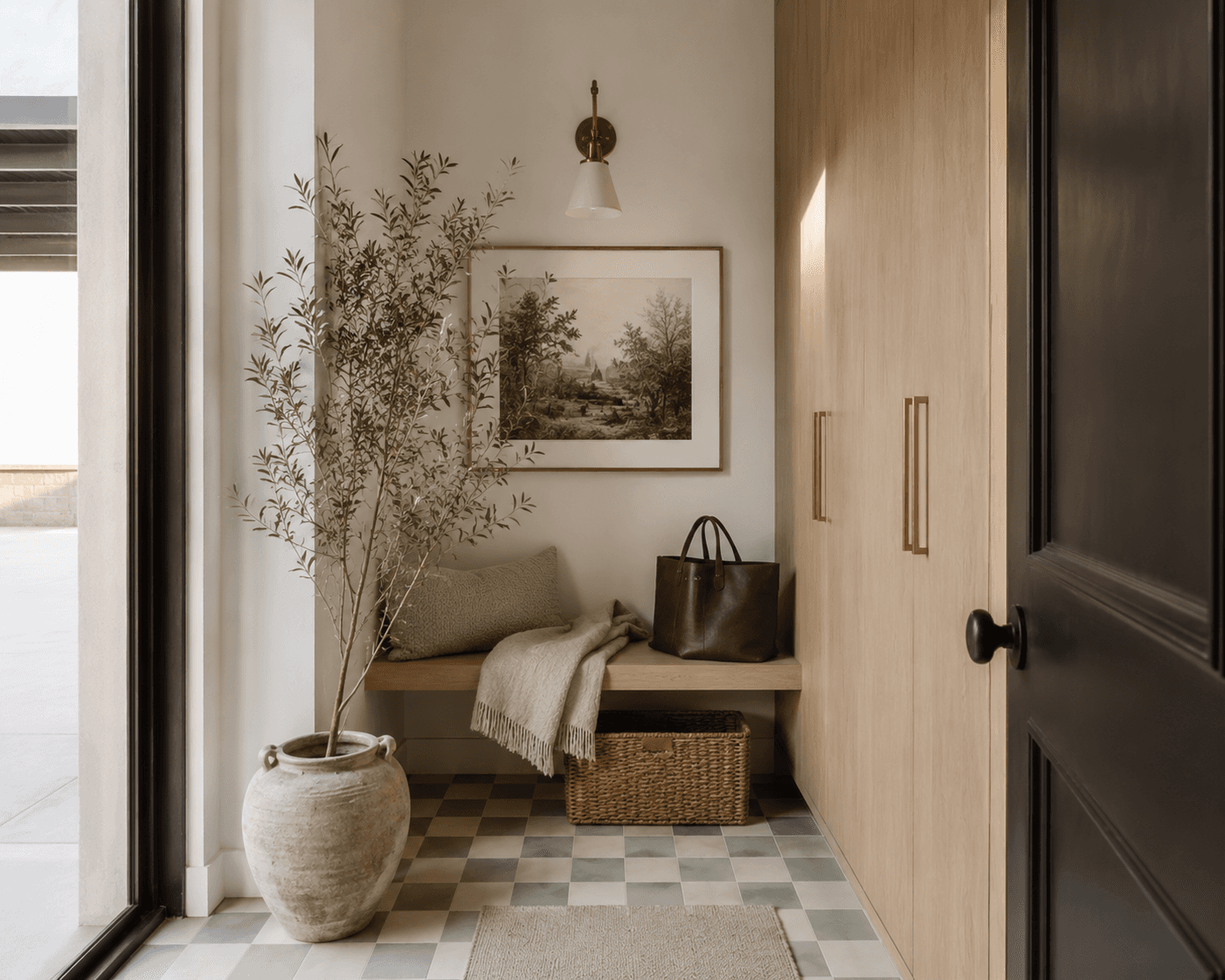 Small modern mudroom featuring sage and cream checkerboard tile floors, floor-to-ceiling white oak cabinetry, a built-in bench with pillows and a throw blanket, woven basket storage, framed artwork, and a large ceramic planter with an olive tree.