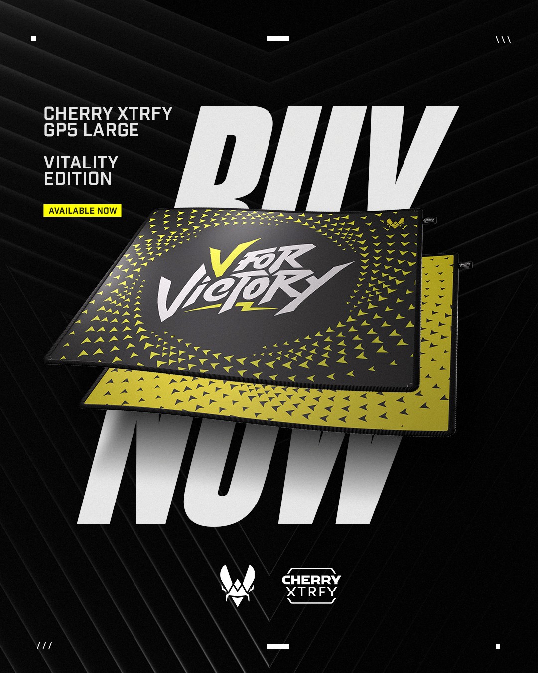 Cherry-Xtrfy project visual: Yellow and black mouse pad with the text "V for Victory", large white headline "Buy now" over a black background. Top left in white: "Cherry Xtrfy GP5 large Vitality Edition", then black text on yellow background "available now", bottom: white Vitality and Cherry Xtrfy logos