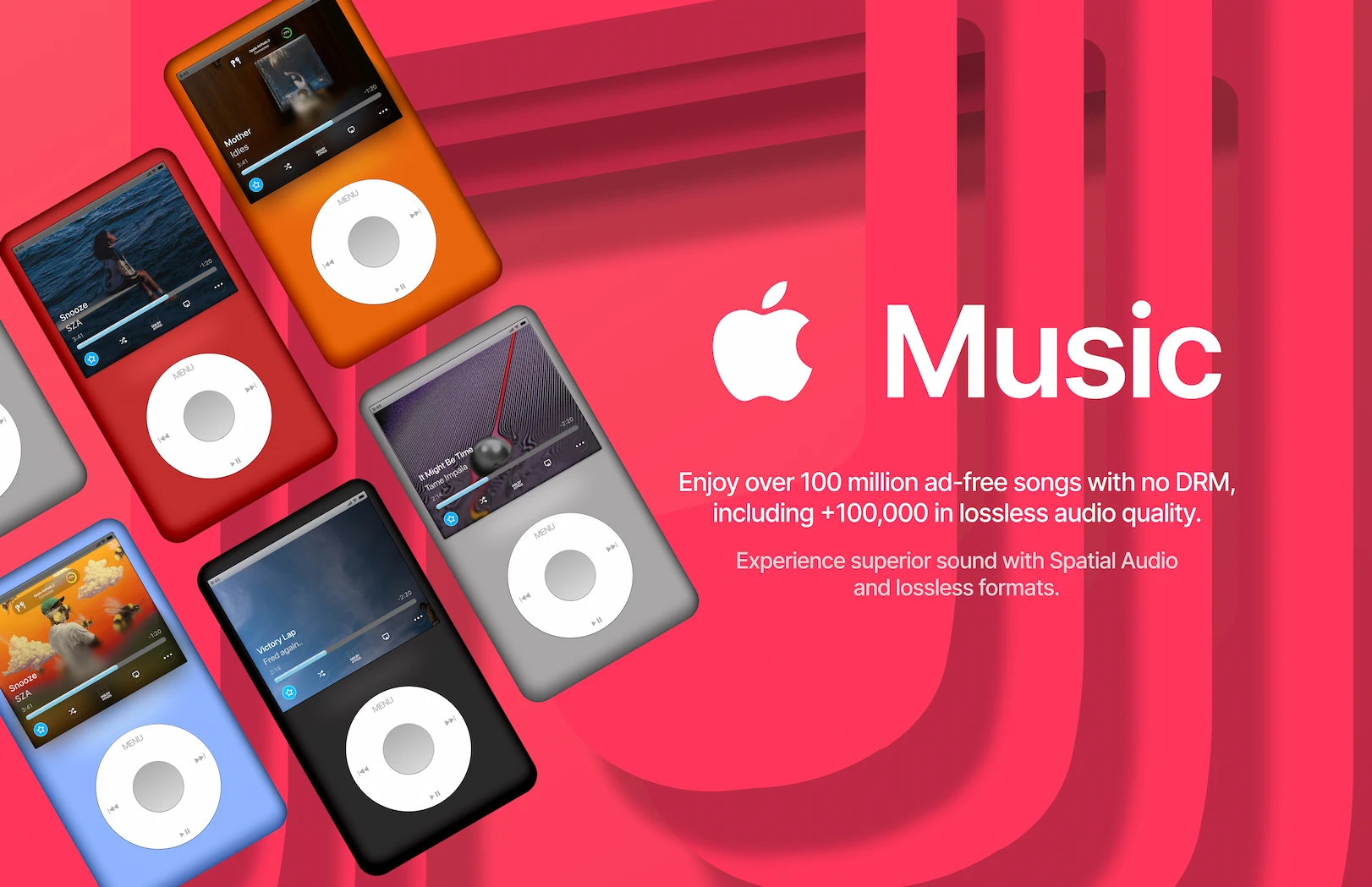 iPod Revive displaying Apple Music interface with album artwork and playback controls