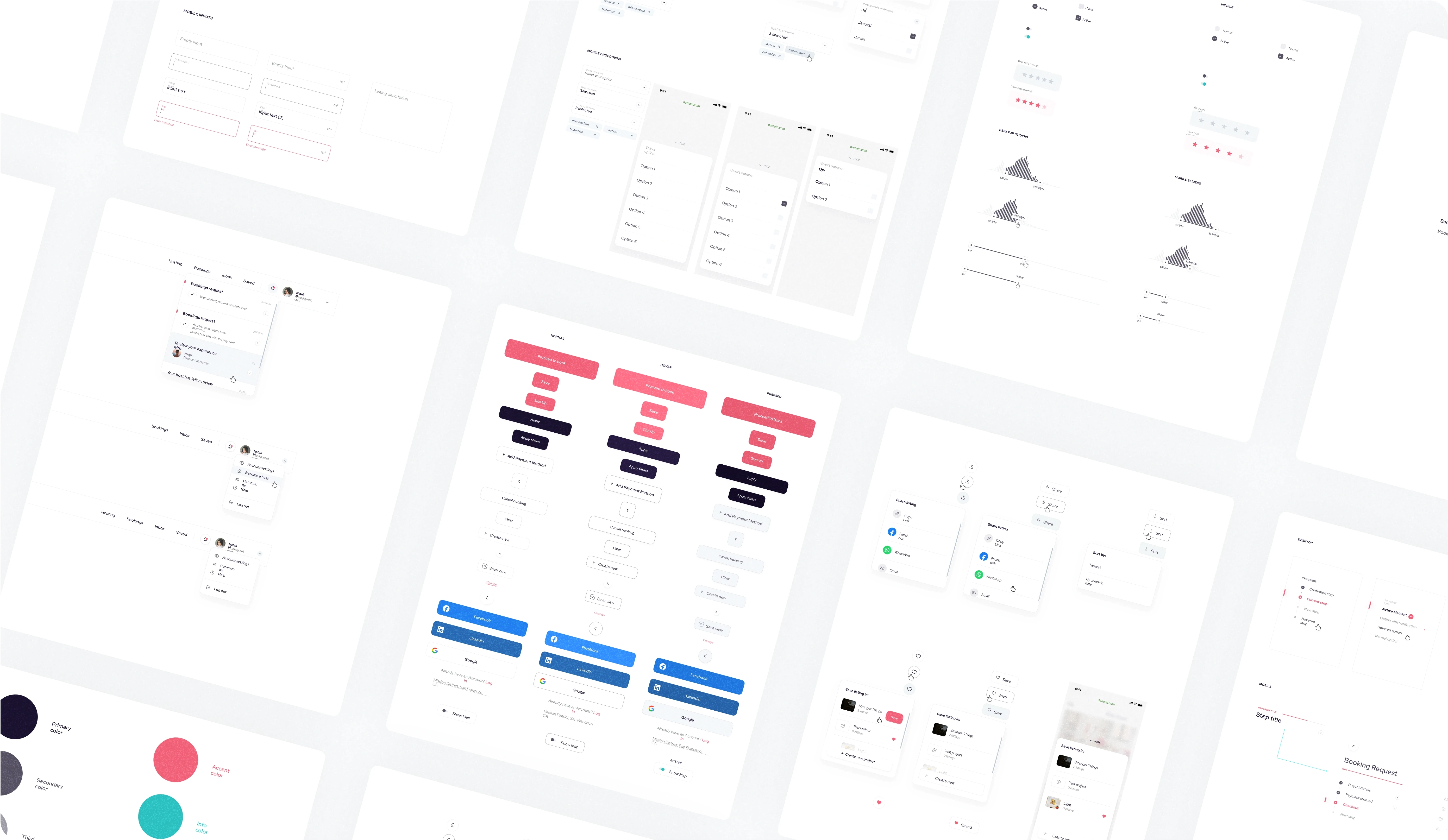 Various UI design elements for the Cinédecors platform, showcasing different screens and components. The designs include form fields for user input, user profile cards, booking request forms, and different color buttons for primary, secondary, and accent actions. There are also charts displaying data, a color palette with primary, secondary, and info colors, and screens for managing bookings, users, and reviews. The layout is clean and minimalistic, with a focus on user-friendly interface design.