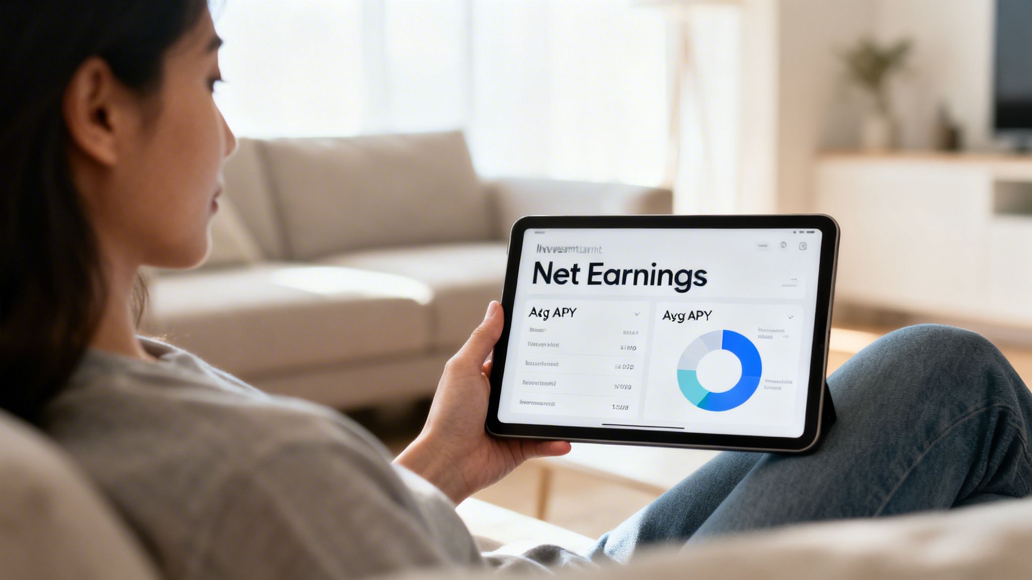 A young woman relaxing on a couch at home, checking her investment net earnings on a tablet.