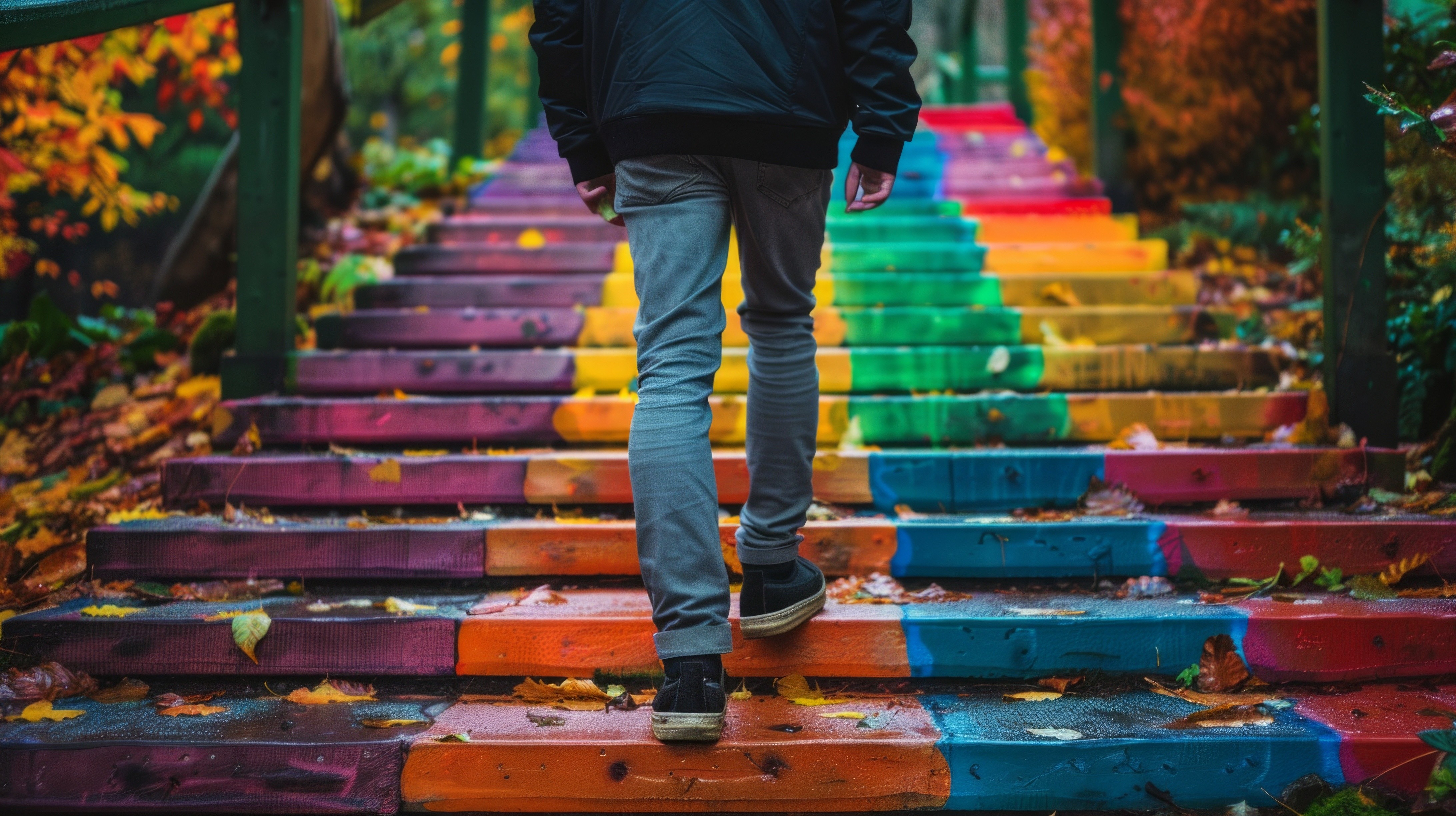 A view from behind of a person walking up an outdoor staircase painted with bright, multi-colored geometric stripes.