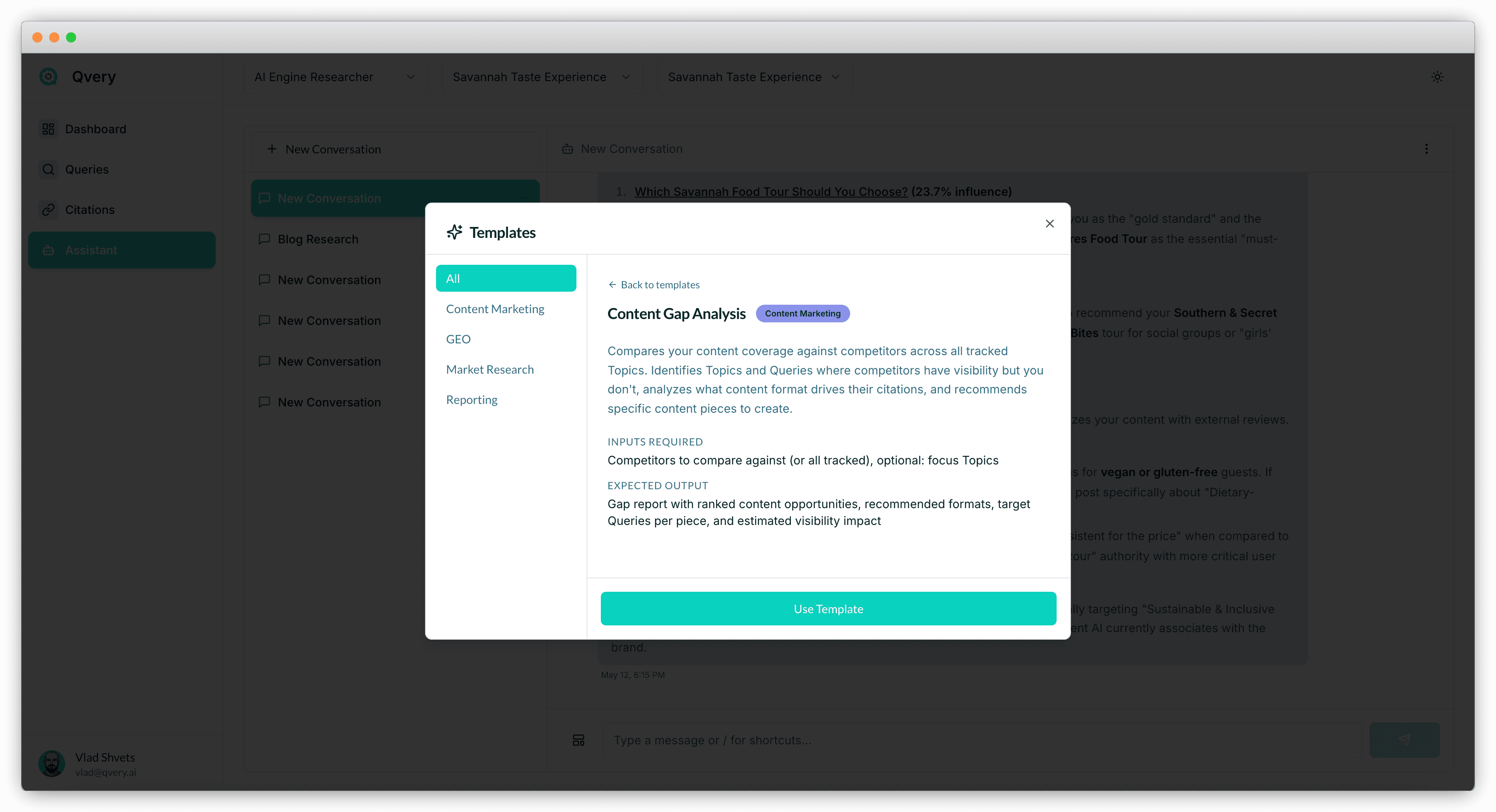 Screenshot of the Content Gap Analysis template in Qvery Assistant