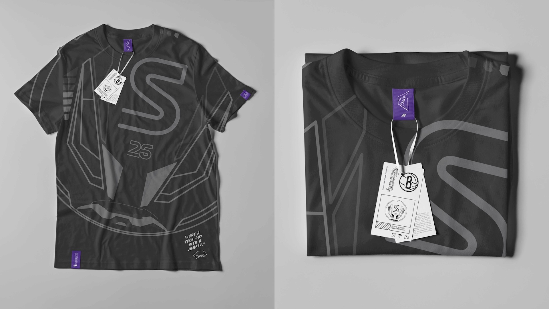 Spencer Dinwiddie SGD.26 charcoal t-shirt mockup featuring tonal S25 logo with Iron Man inspired design, signature quote, and K8IROS branded hang tags