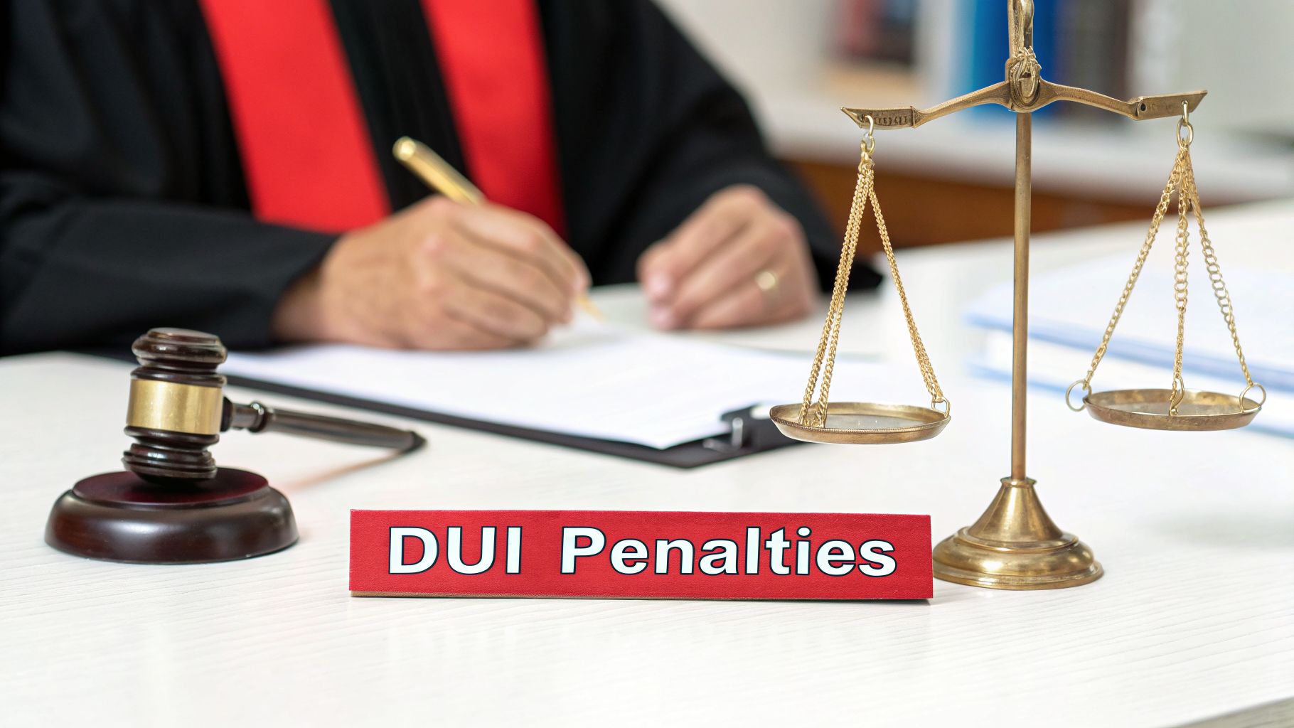 A judge in a black robe signs documents, with a gavel, scales of justice, and a 'DUI Penalties' sign on the table.