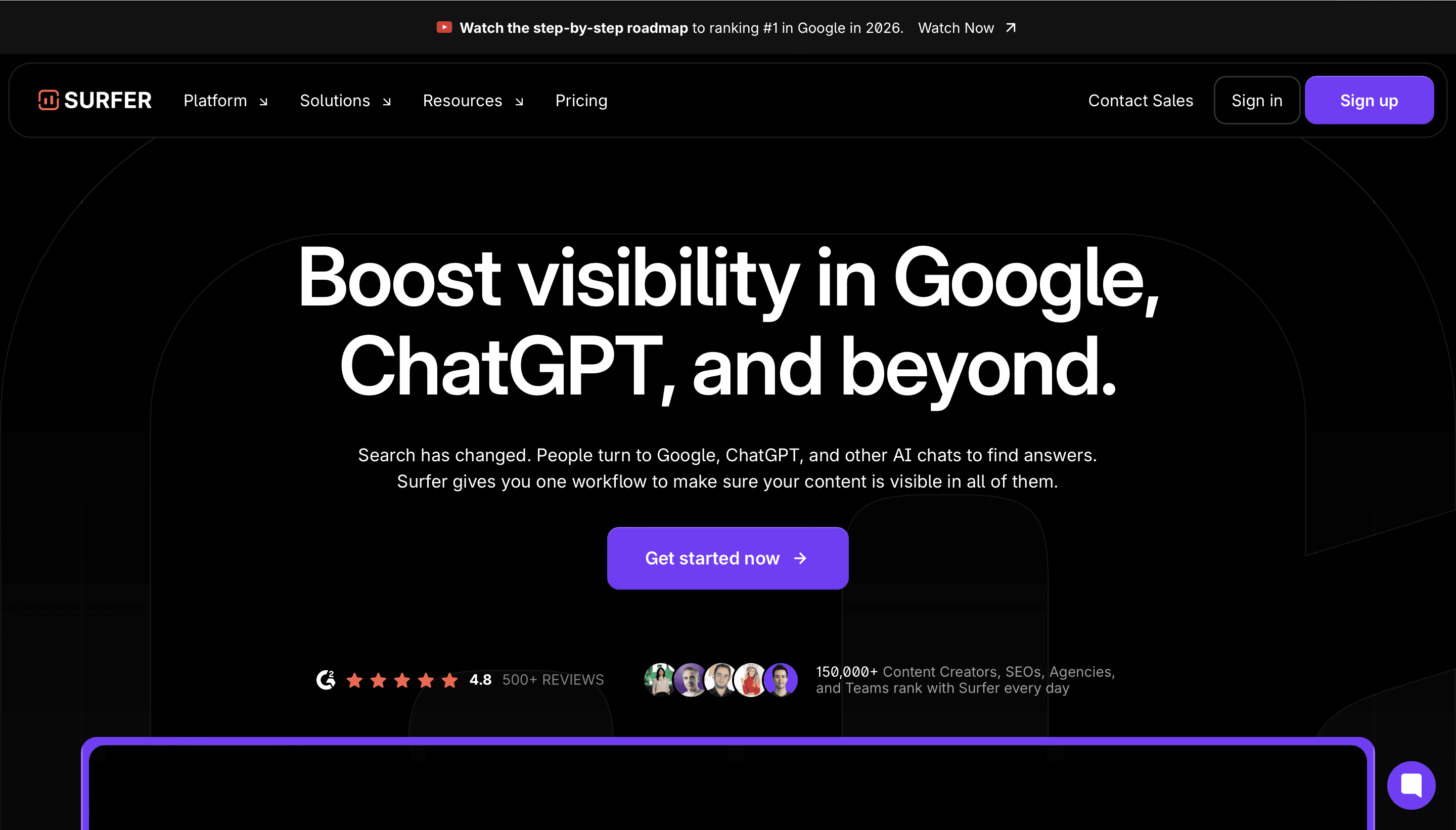 Screenshot of the SurferSEO homepage with the headline “Boost visibility in Google, ChatGPT, and beyond” and a call-to-action button, highlighting its AI and search visibility platform.