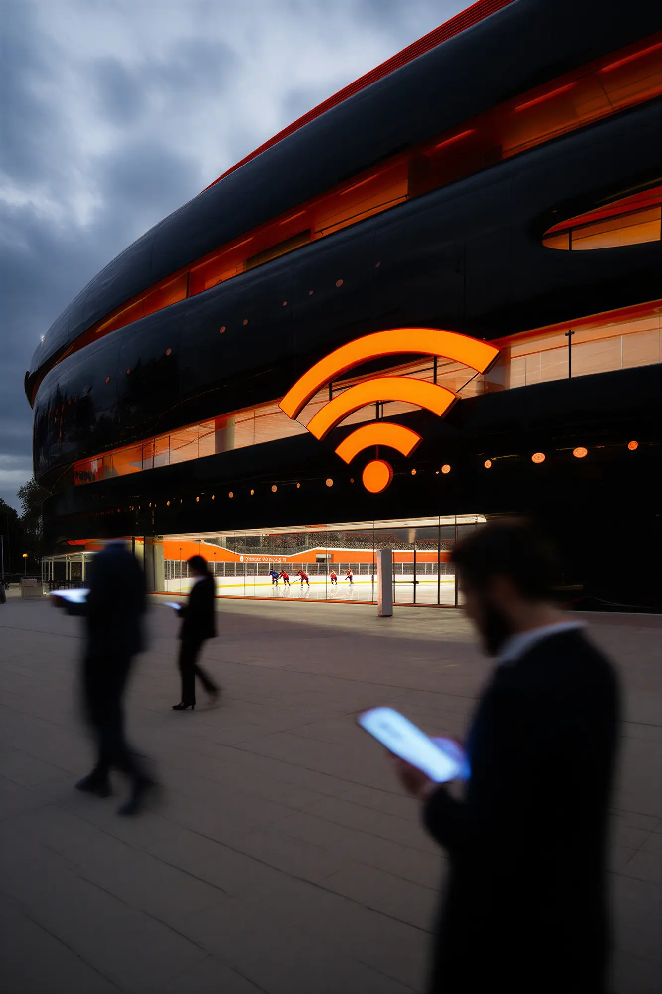 modern stadium images with that sleek black and orange tech aesthetic, featuring a public Wi-Fi symbol