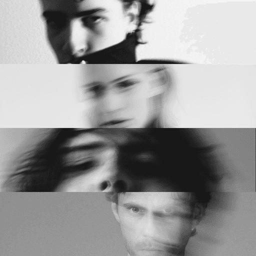 Abstract black-and-white portrait collage with motion blur across four horizontal sections.