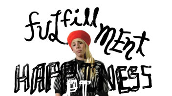 The image shows a young person with blonde hair, wearing a black and white striped shirt and a red beanie, positioned centrally against a white background. Overlaid on the image in a stylized black font are the words “fufillment happiness,” with the “fufillment” portion appearing above and “happiness” below. The text has a hand-drawn or handwritten aesthetic.