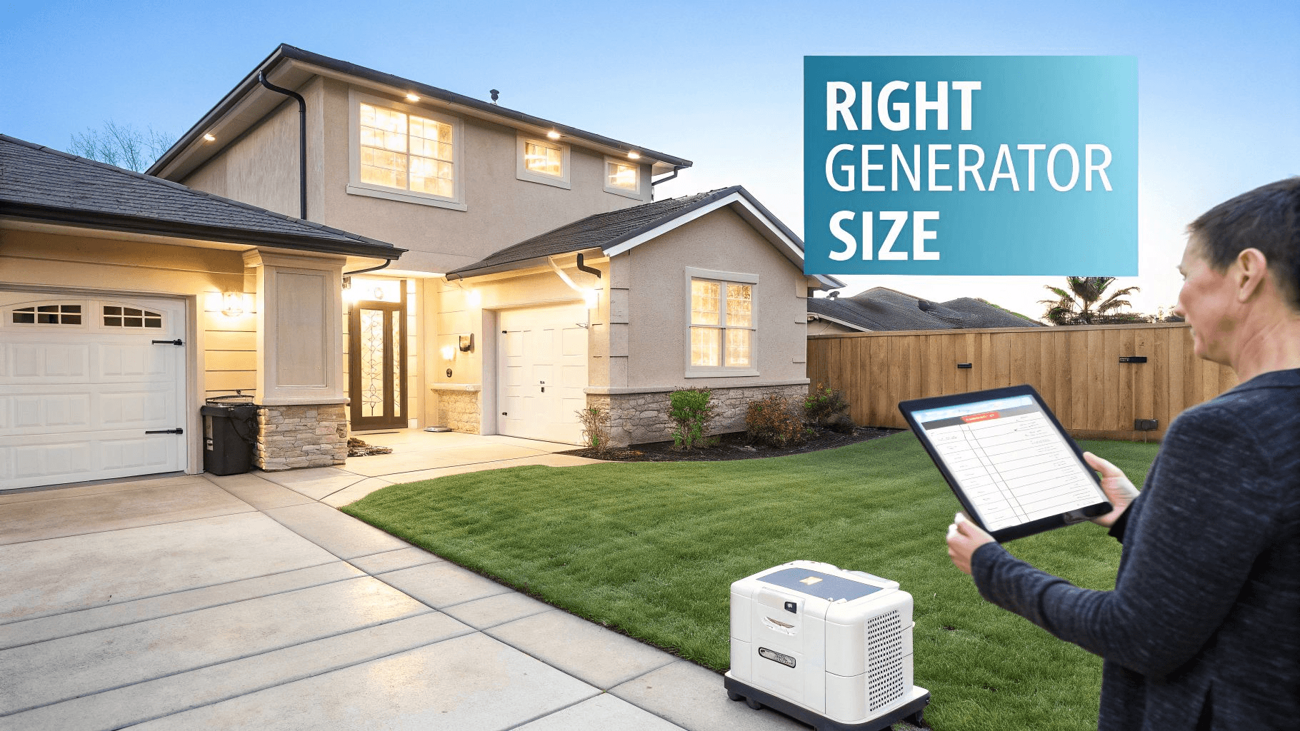 a woman looking at her home while holding a tablet - the text 'right generator size' on a blue box in the background