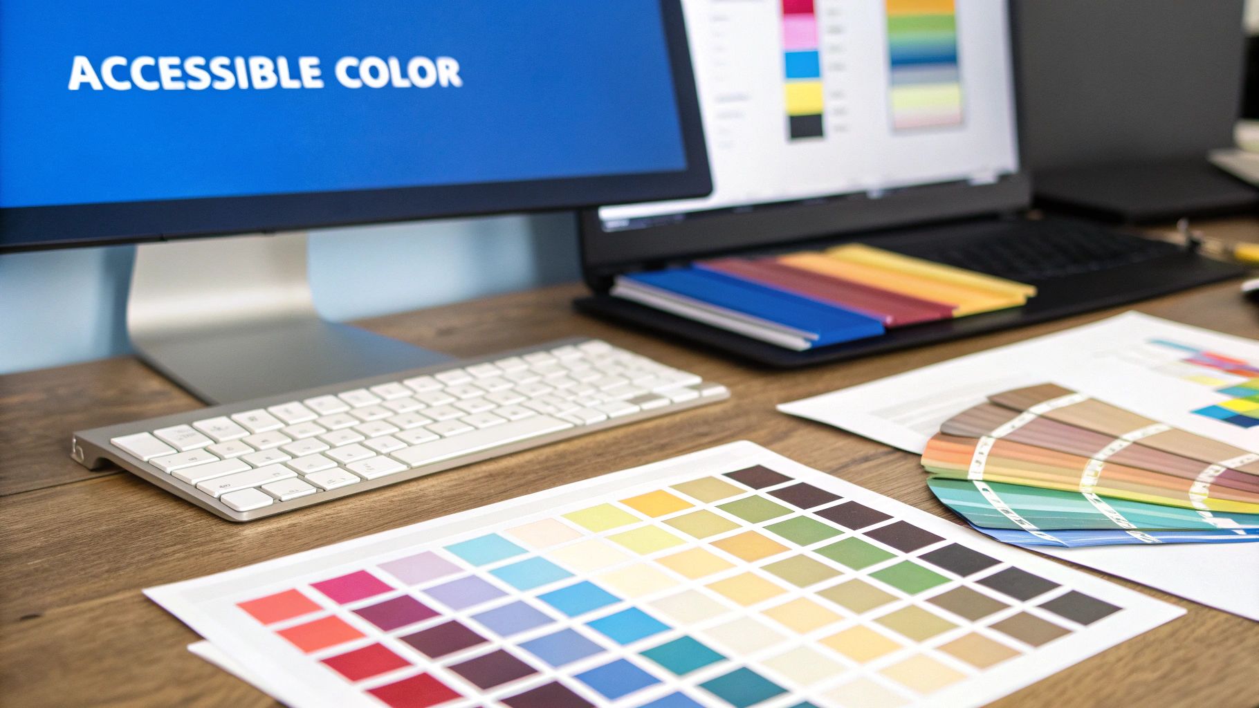 A graphic designer's desk shows a monitor displaying