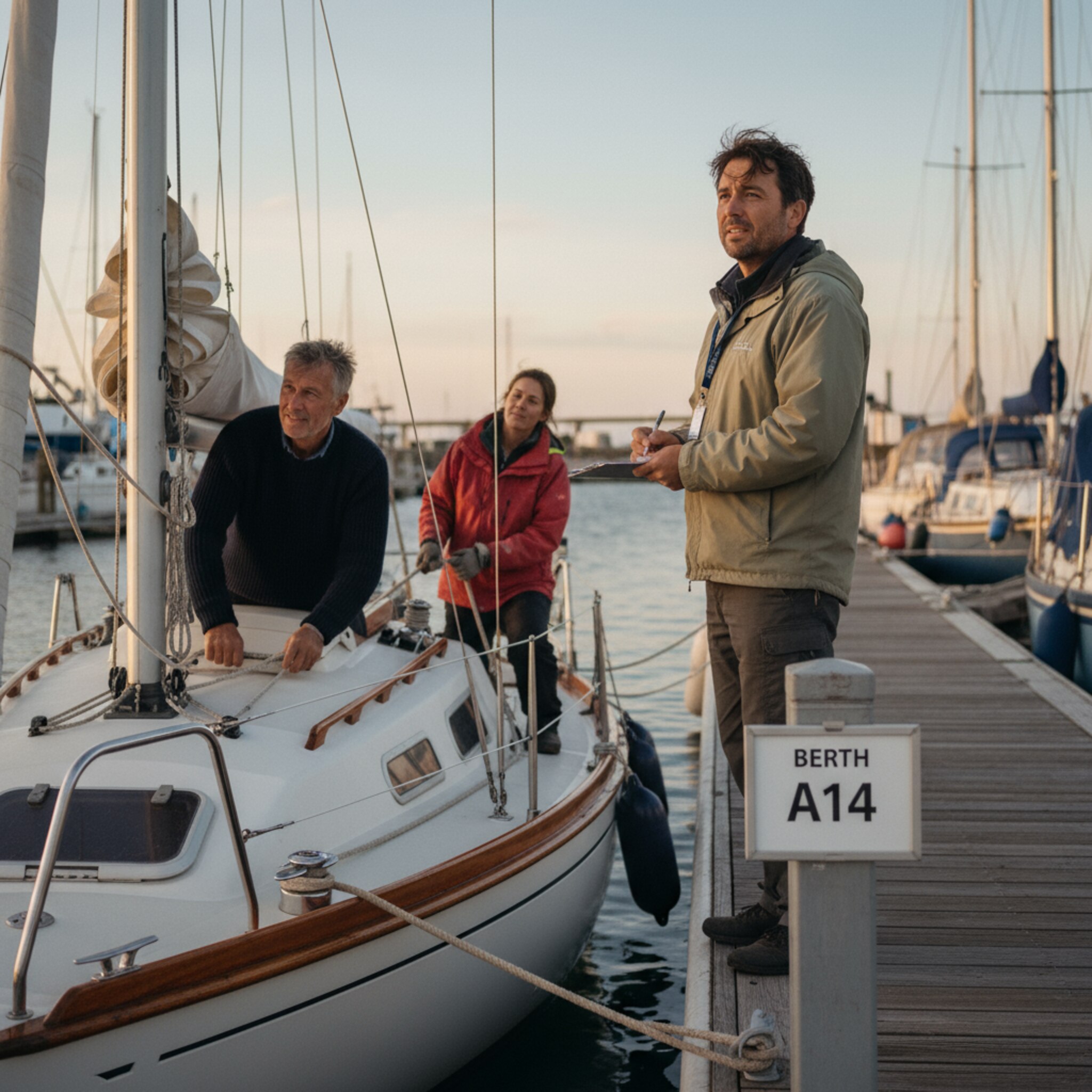 Eine Crew belegt gerade die Leinen am zugewiesenen Platz, ein Hafenmitarbeiter notiert die Bootsdaten auf einem Klemmbrett. Eine laminierte Plakette mit Boxnummer hängt an der Klamppe. Die Abendsonne wärmt das Holz, die Abläufe sind ruhig und eindeutig.