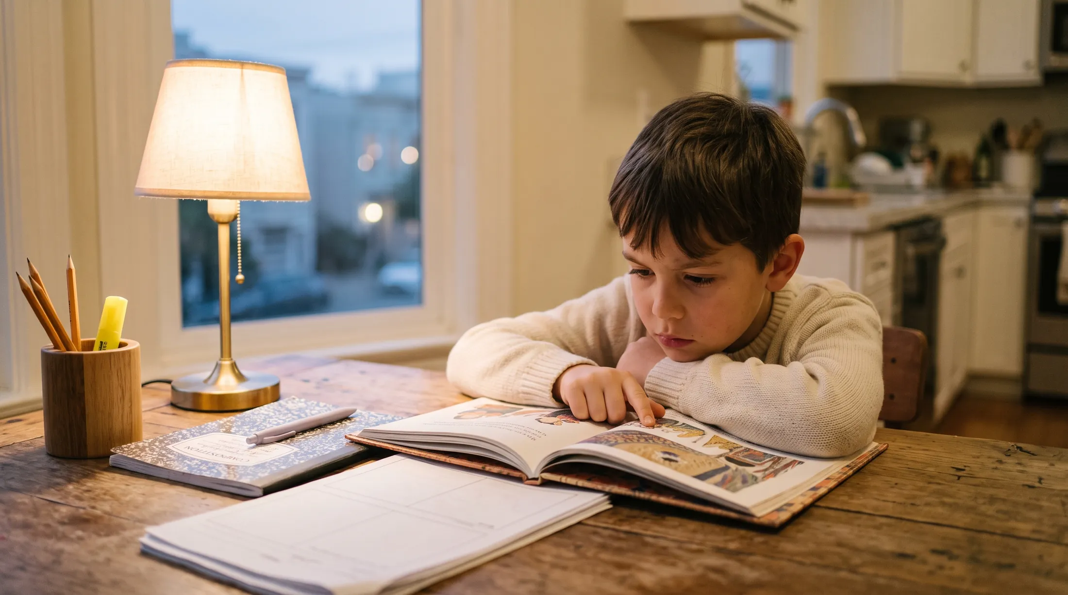 A boy reading closely, finger on the line