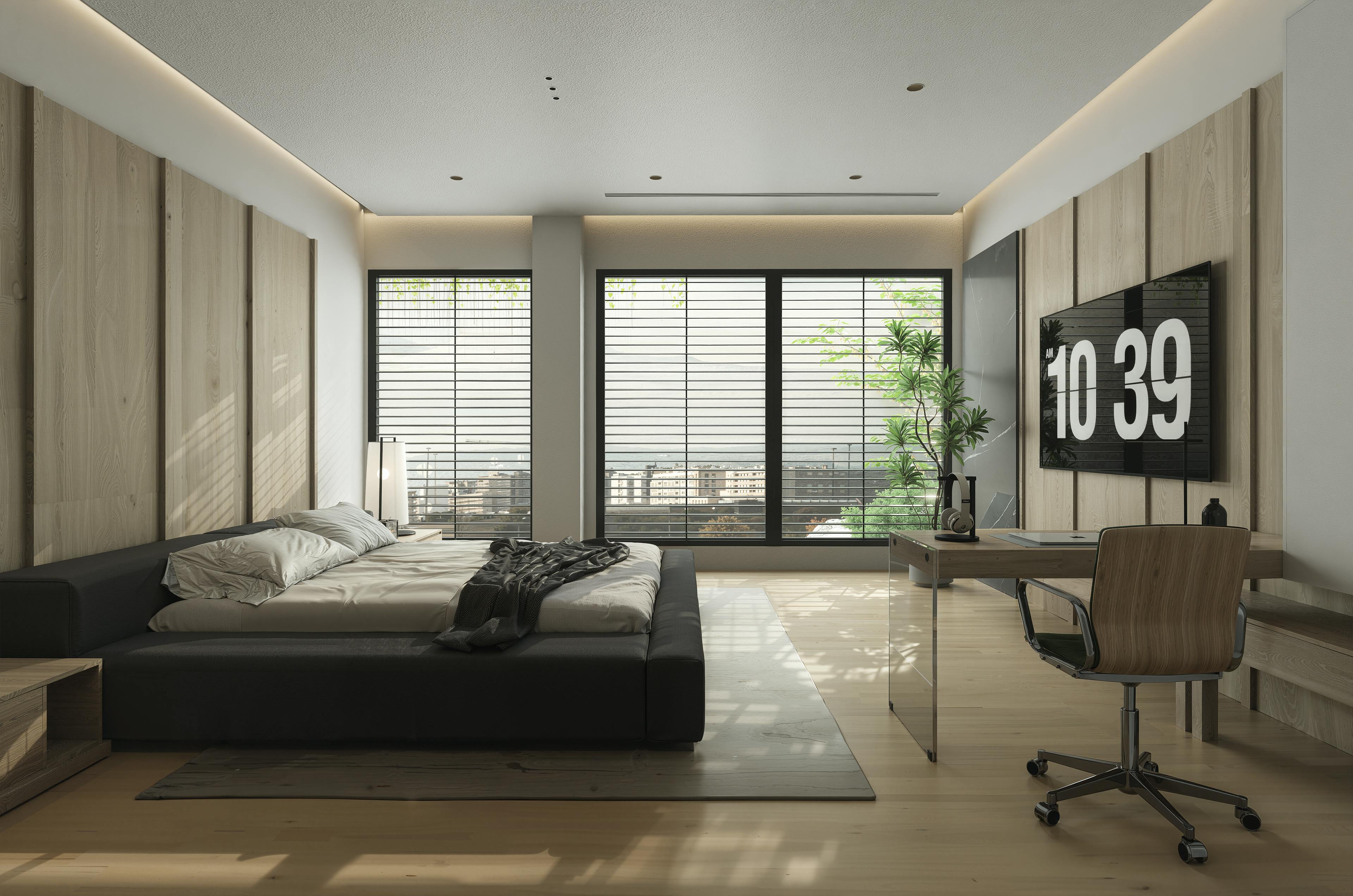 modern bedroom with big windows and clock on the TV