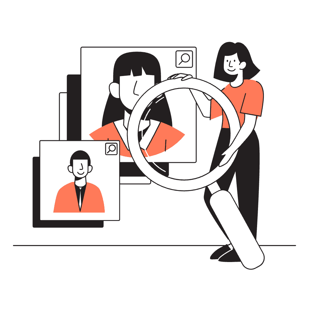 Illustration montrant une professionnelle utilisant une loupe pour analyser des profils, symbolisant la recherche, la qualification et la sélection de leads.