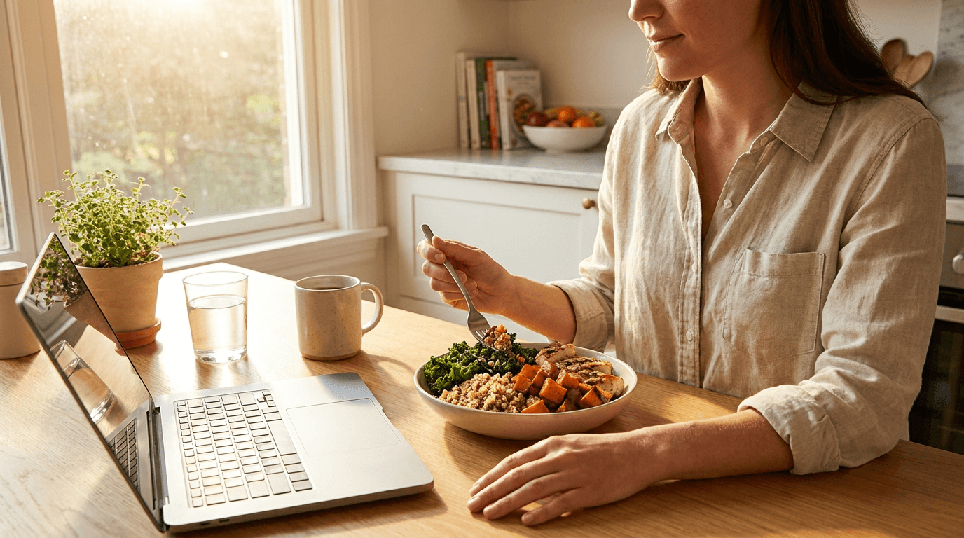 person eating balanced lunch bowl during intermittent fasting eating window