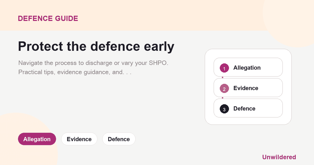 Explainer card for Application to Discharge SHPO - Tips and drafts: Allegation, Evidence, Defence.