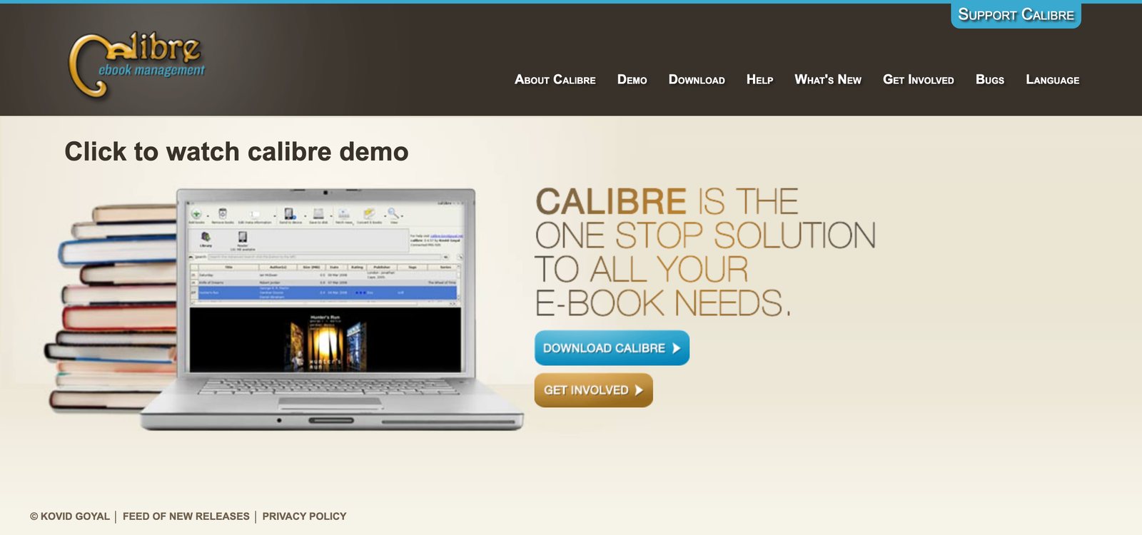 The calibre home page, calling calibre the one stop solution to all your e-book needs, with a laptop showing the calibre library and a Download calibre button