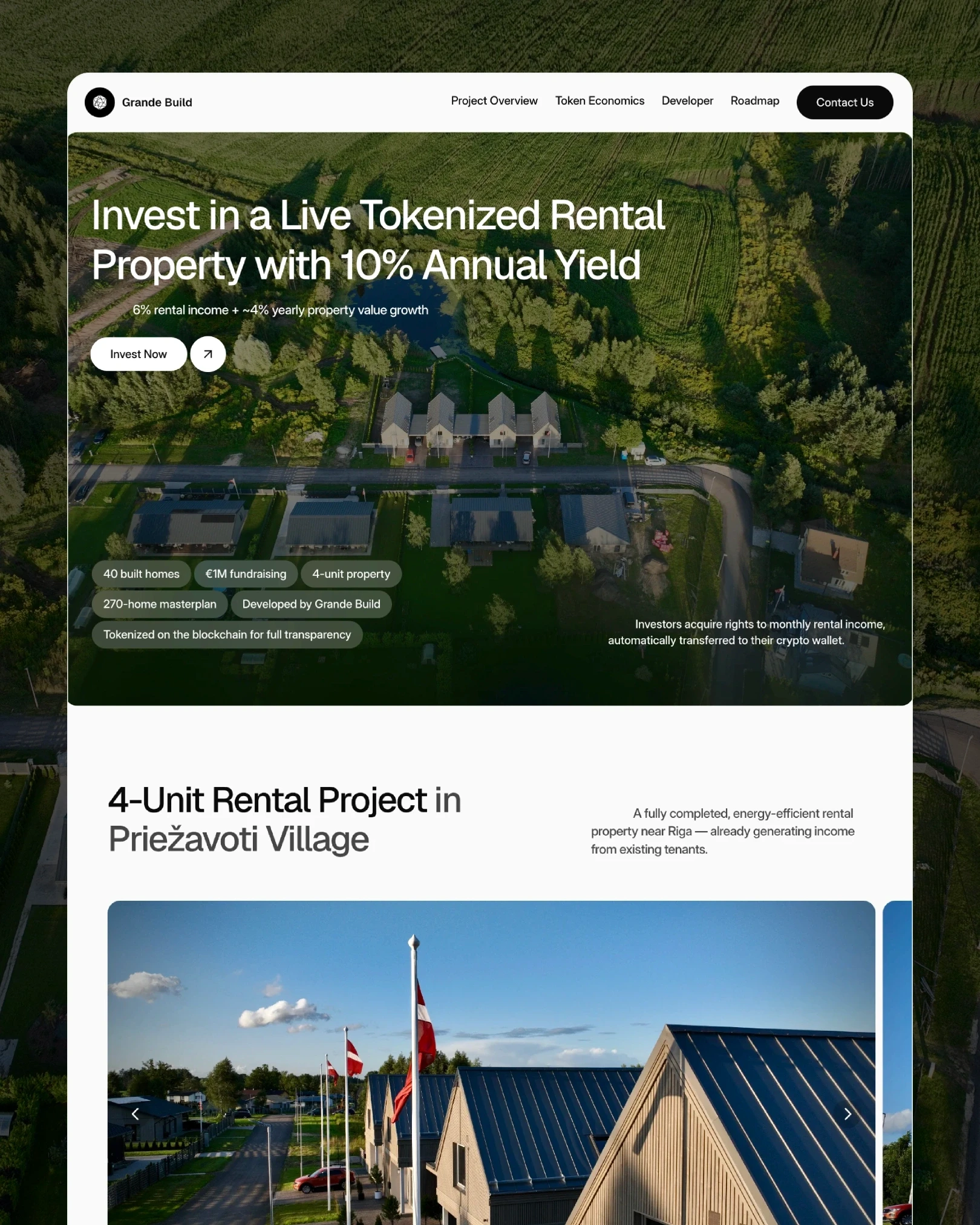 Grande Build tokenized rental property landing page, aerial view of homes near Riga with 10% yield offer — web design by Luna UI design studio