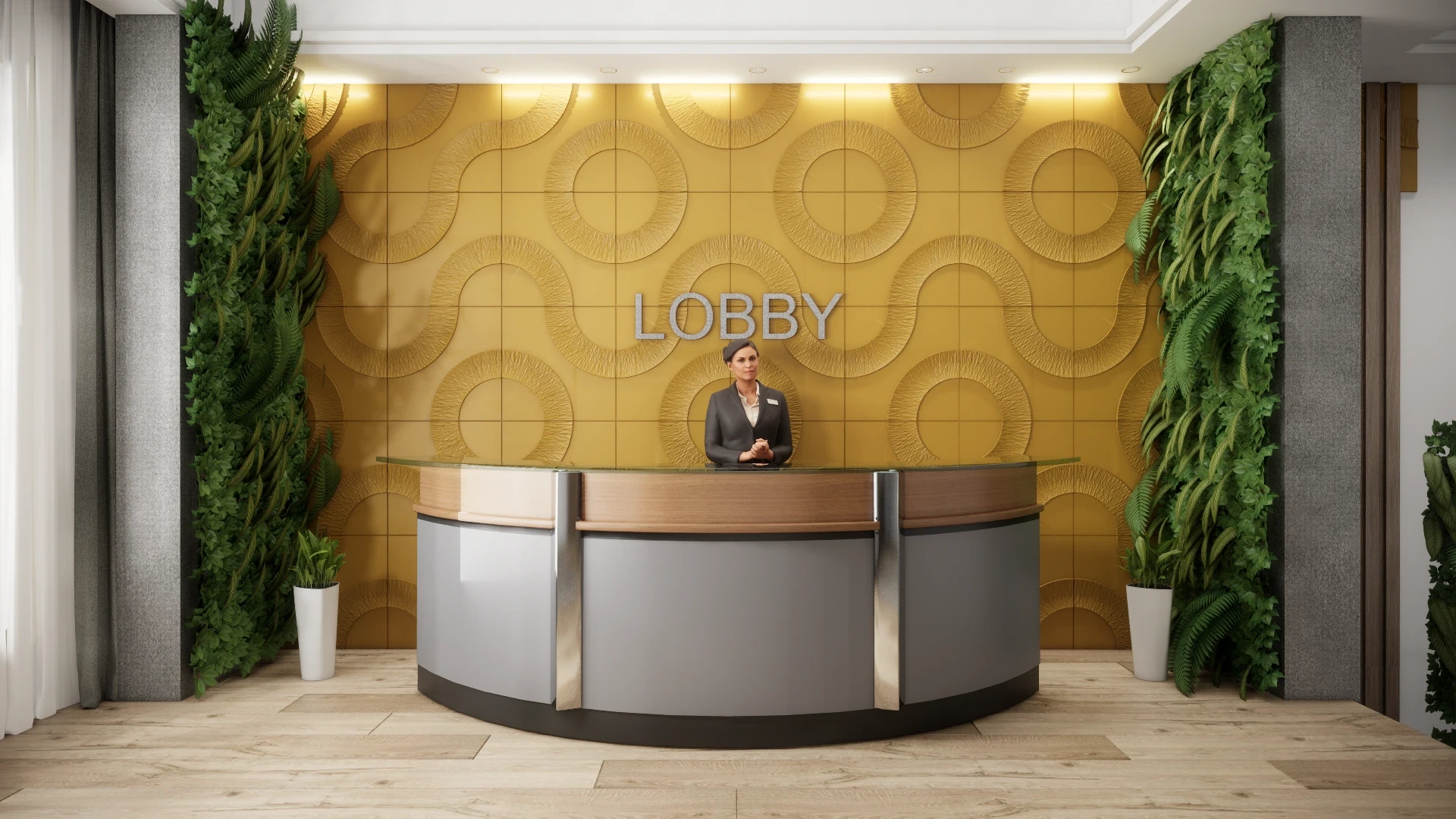 Lüks otel resepsiyon arkası için altın sarısı tonlarında African Model beton duvar karosu