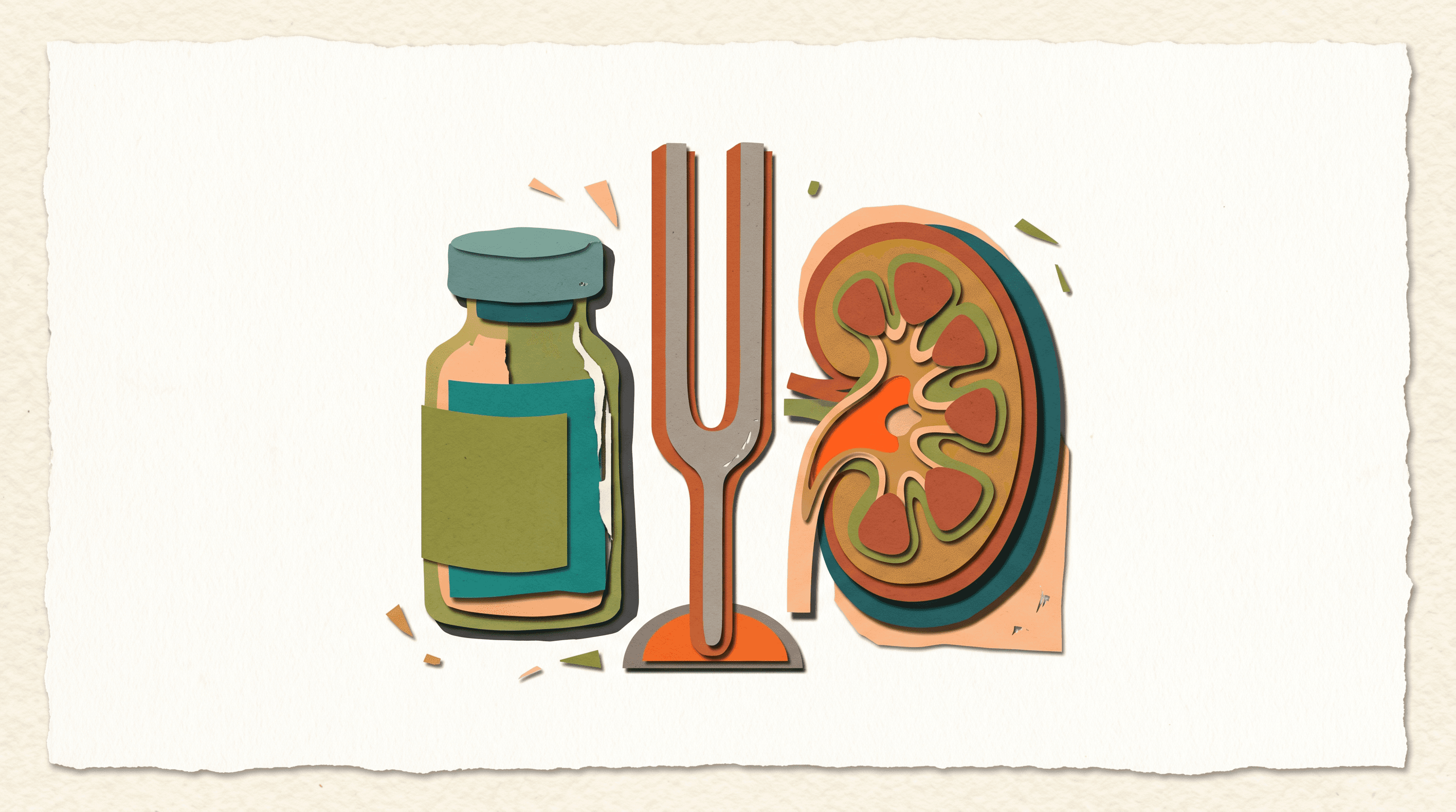 Antibiotic vials beside a tuning fork and kidney model