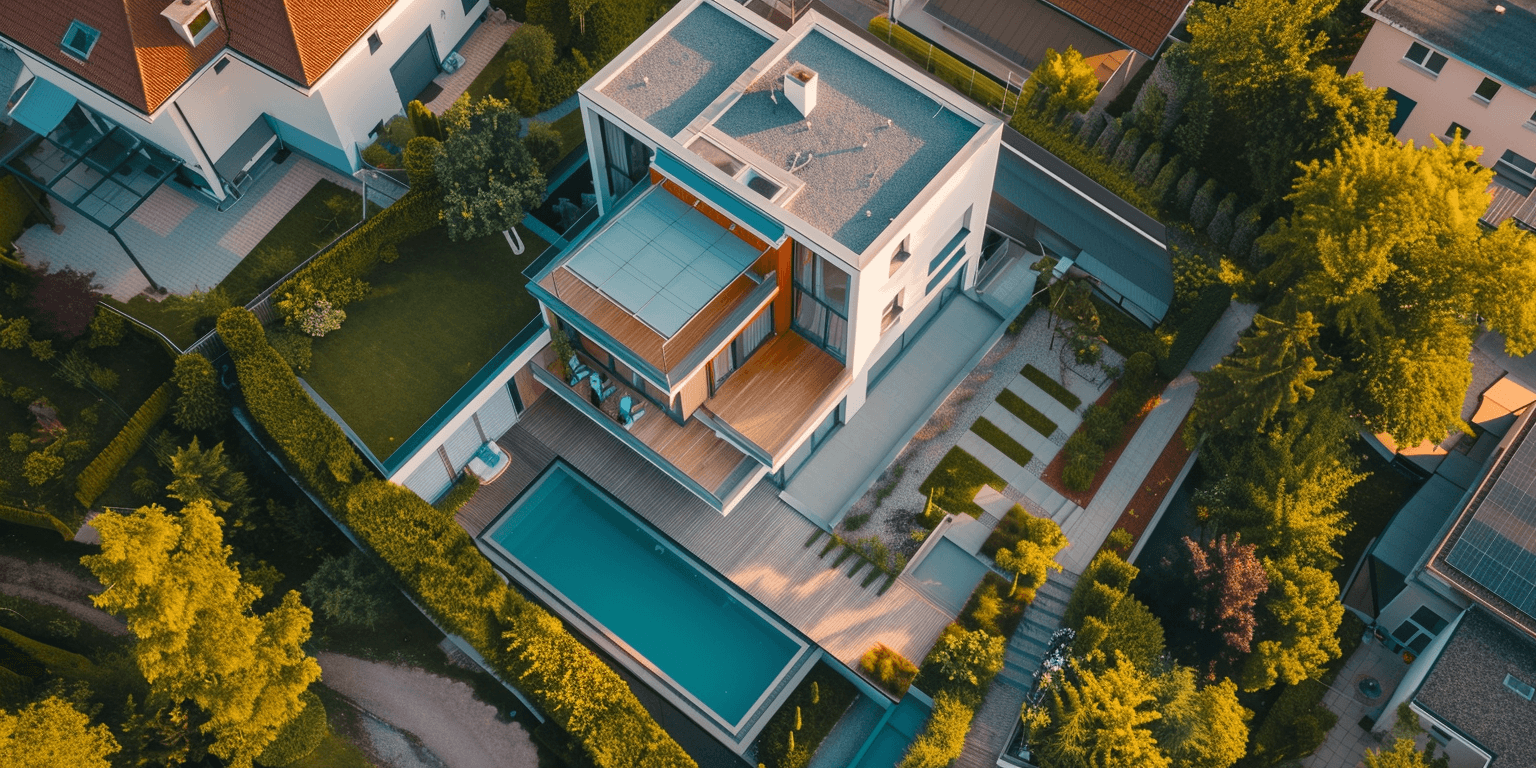 Luxury modern villa from an aerial perspective