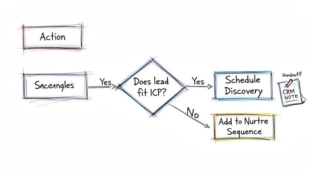 A hand-drawn sales process flowchart outlining lead qualification decisions: ICP fit, discovery, and nurturing.