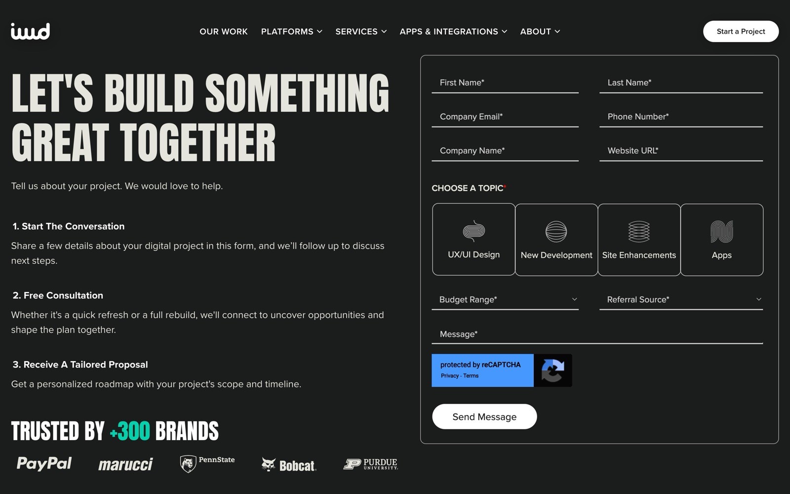 Let's Build Something Great Together text; contact form fields on right; logos of brands like PayPal, Marucci; dark background.